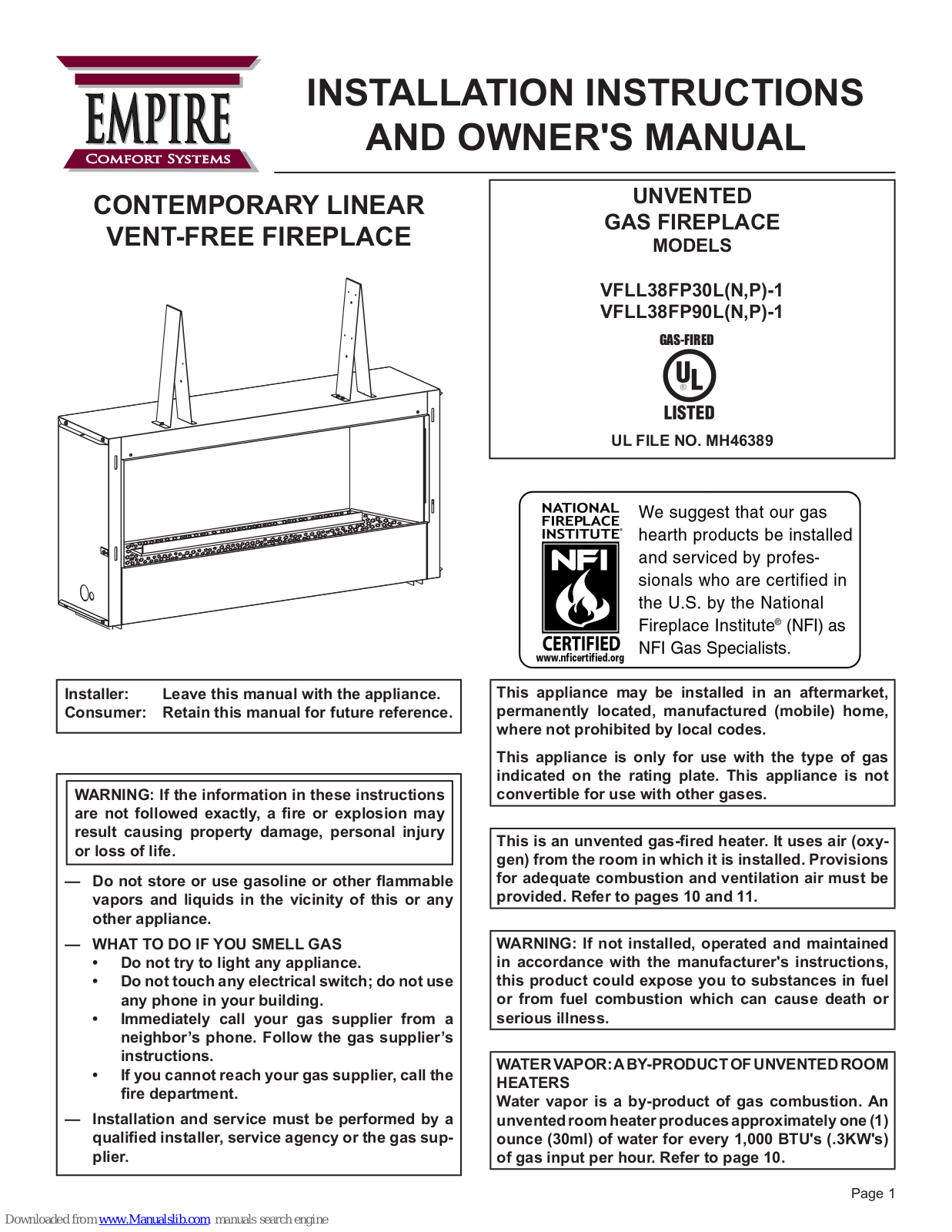 Empire Comfort Systems VFLL38FP90P-1, VFLL38FP30N-1, VFLL38FP30P-1, VFLL38FP90L-1, VFLL38FP90N-1 Installation Instructions And Owner's Manual