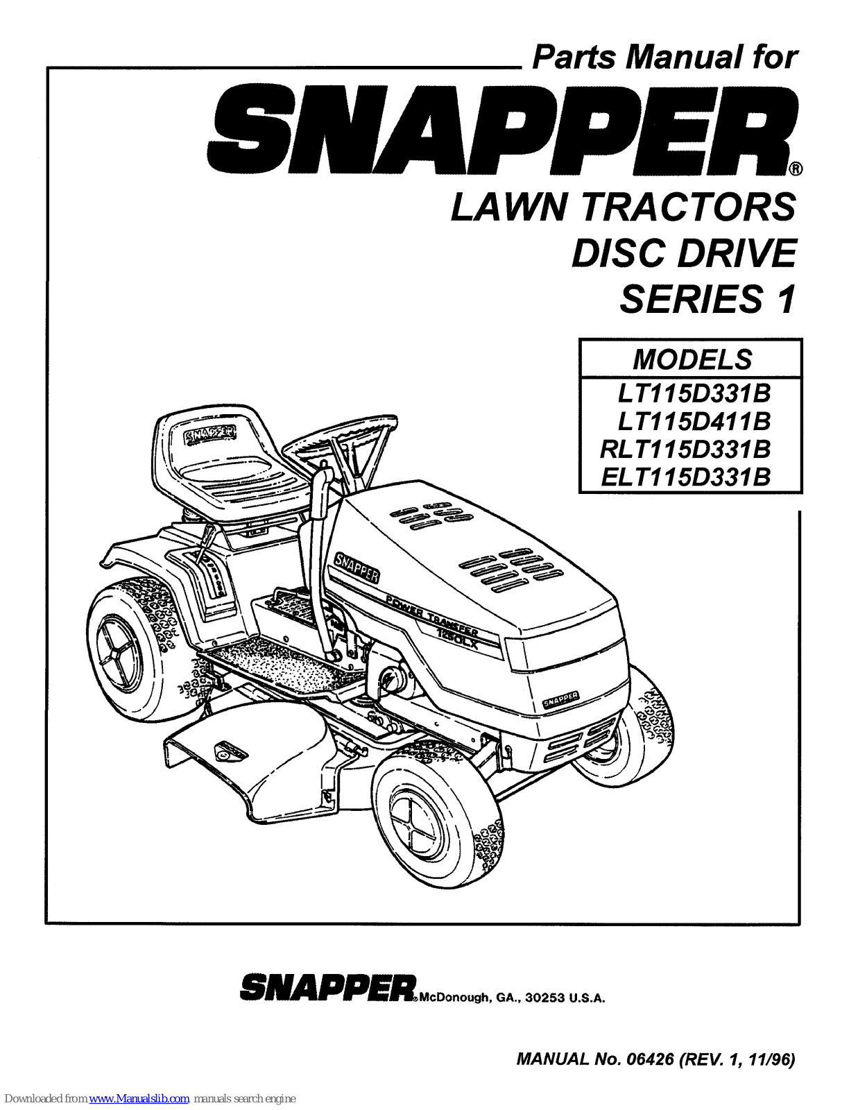 Snapper ELT115D331B, LT115D411B, RLT115D331B, LT115D331B, ELP115D331B Parts Manual