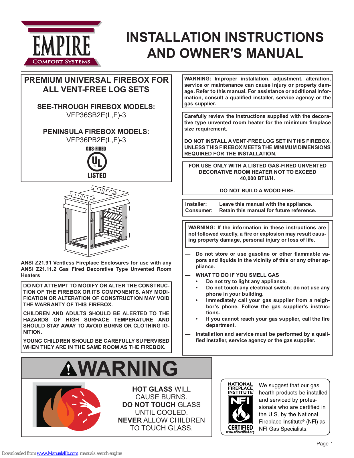 Empire VFP36SB2E(L, F)-3, VFP36PB2E(L, VFP36SB2EL-3, VFP36SB2EF-3 Installation Instructions And Owner's Manual