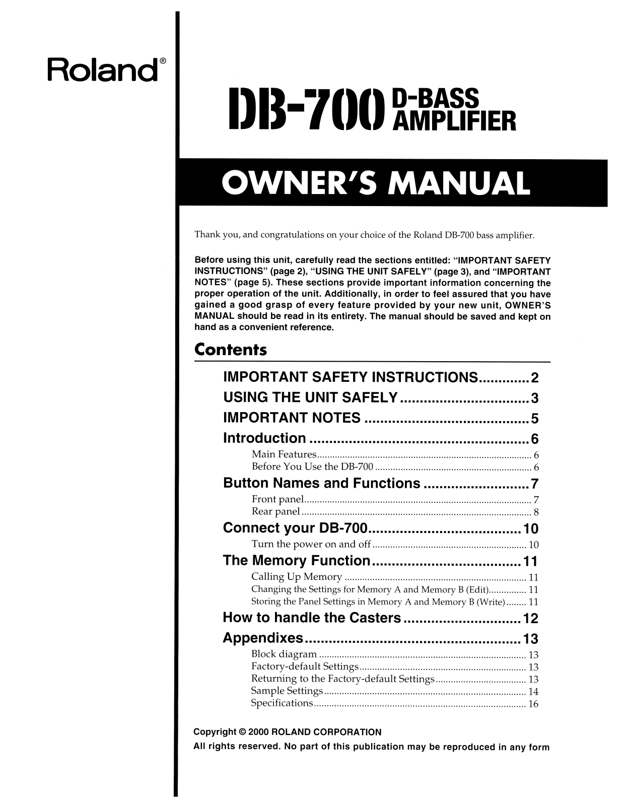 Roland Corporation DB-700 Owner's Manual