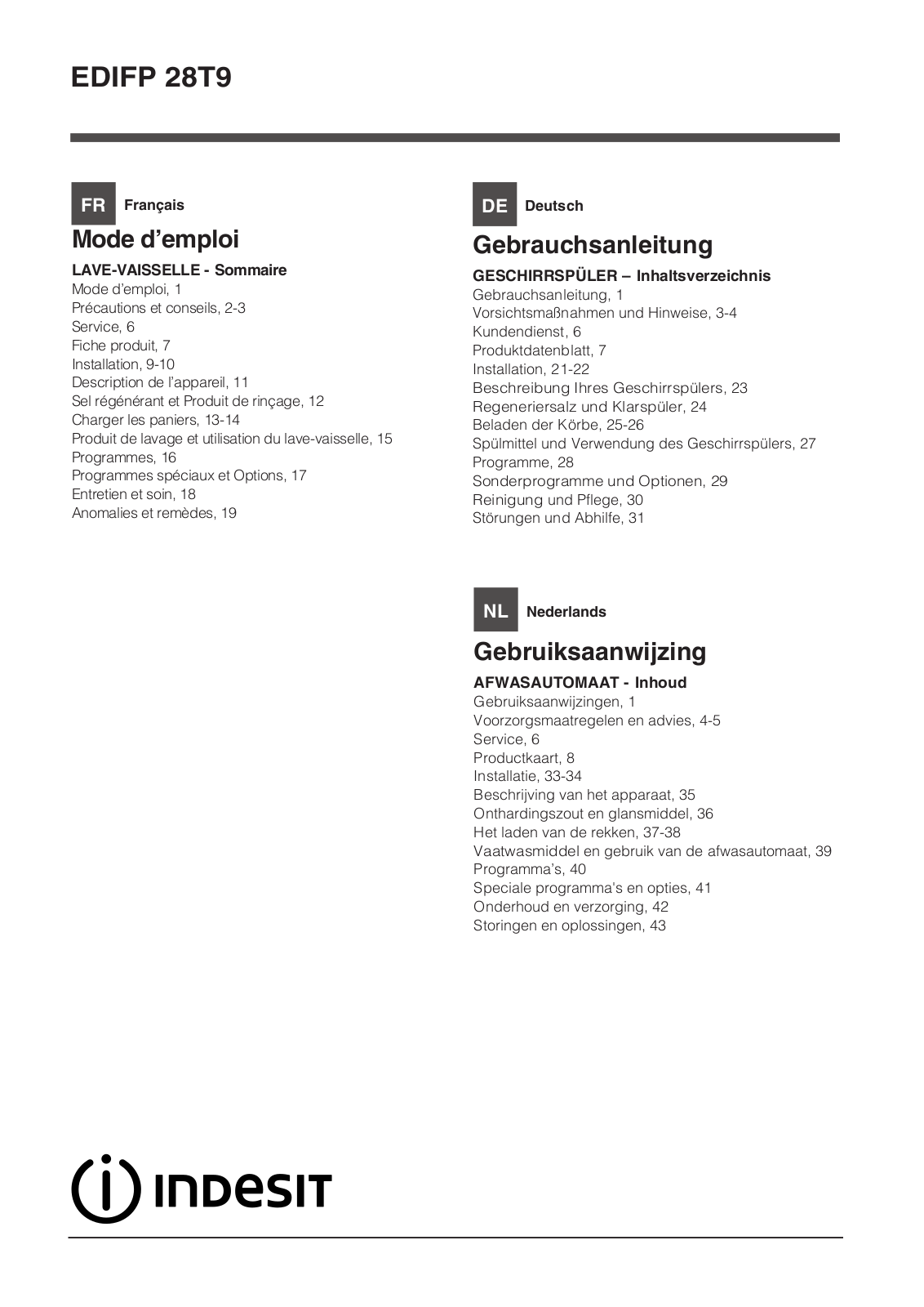 INDESIT EDIFP 28T9 A EU User Manual