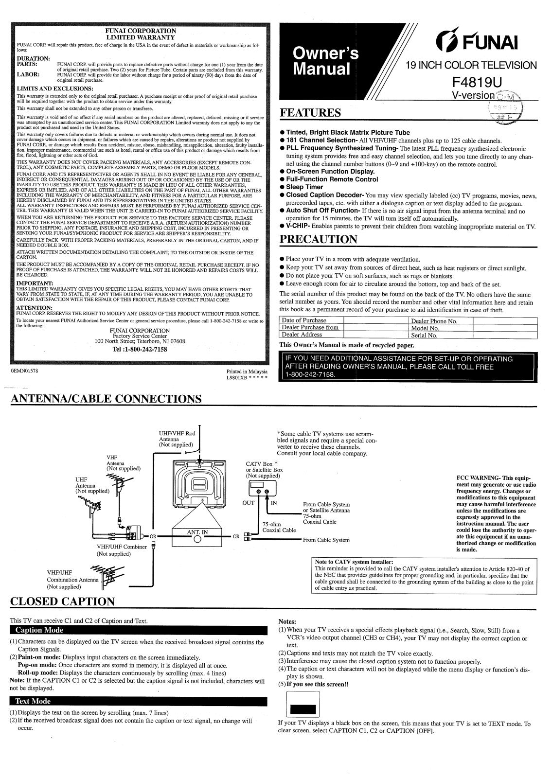 FUNAI F4819UV User Manual