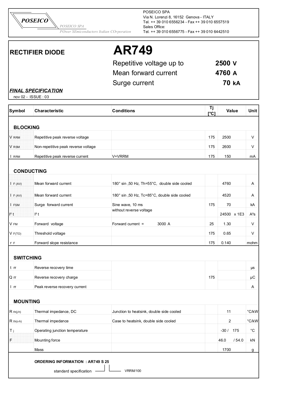 POSEICO AR749S25 Datasheet