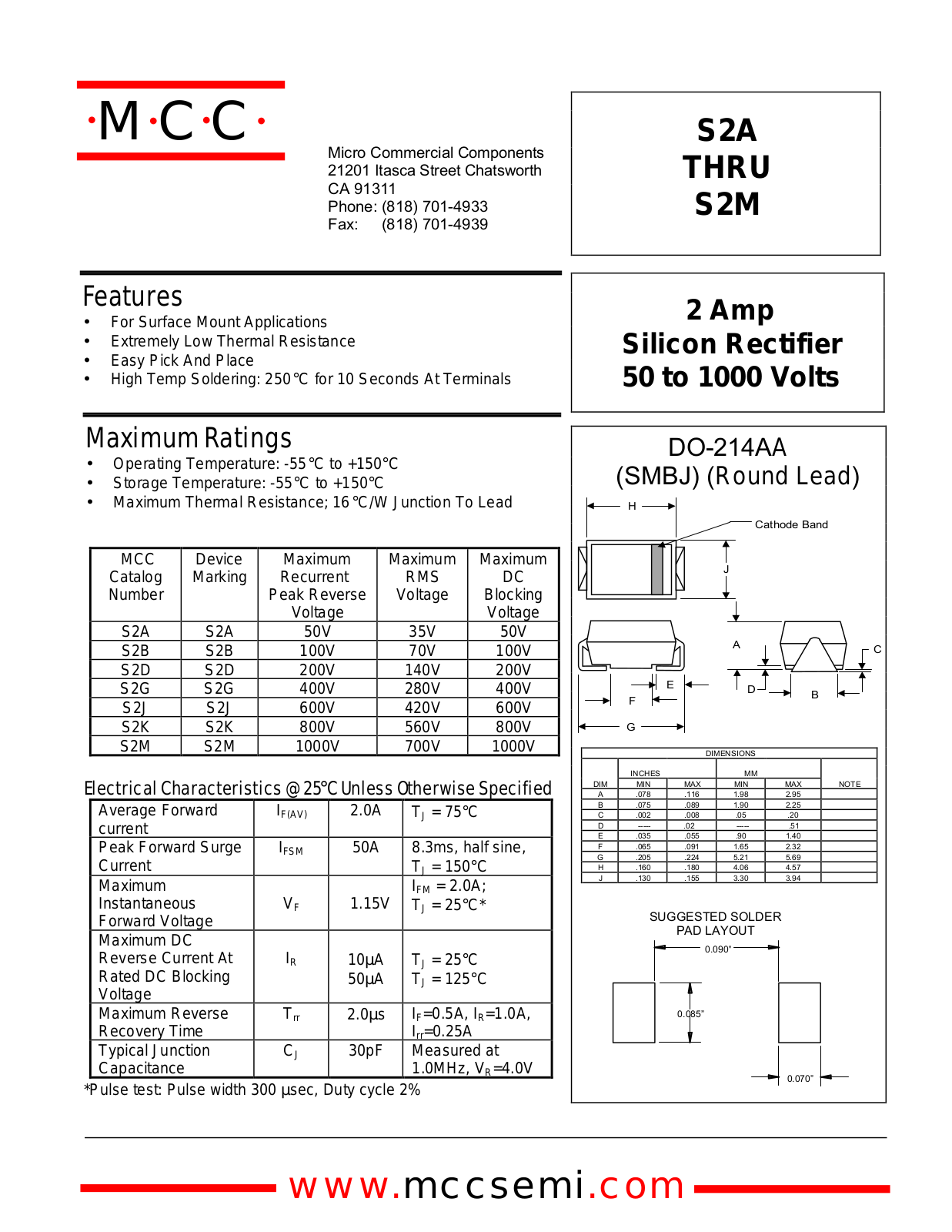 MCC S2J, S2D, S2B, S2A, S2G Datasheet