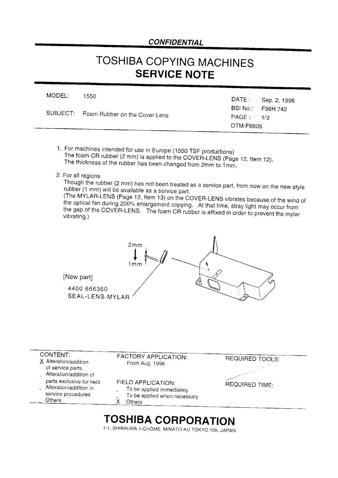 Toshiba f96h742 Service Note