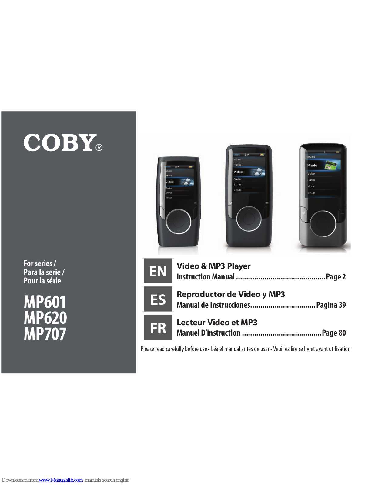 Coby MP601 Series, MP707 Series, MP620 Series, MP601-2GB, MP601-4GB Instruction Manual