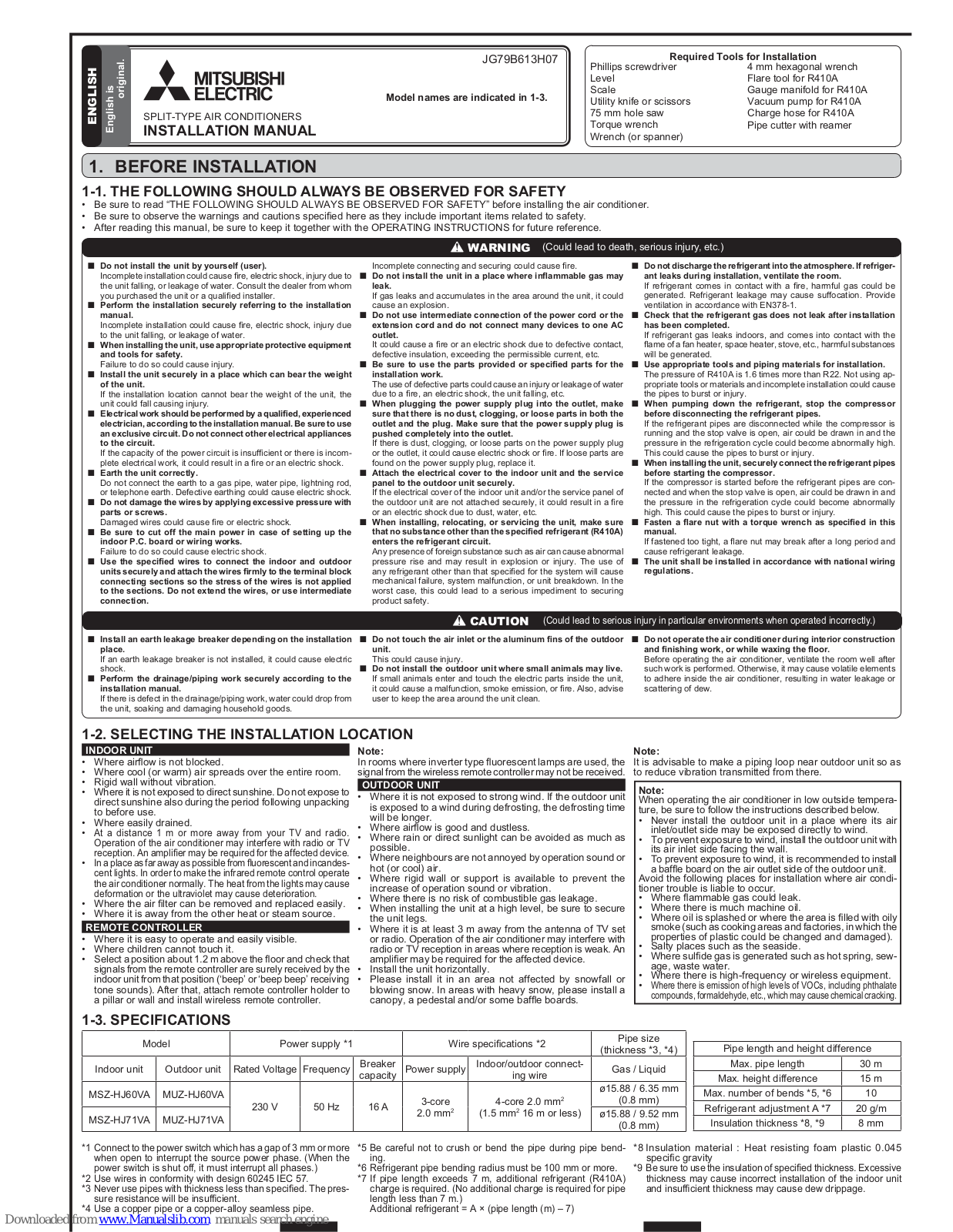 Mitsubishi Electric JG79B613H07 Installation Manual