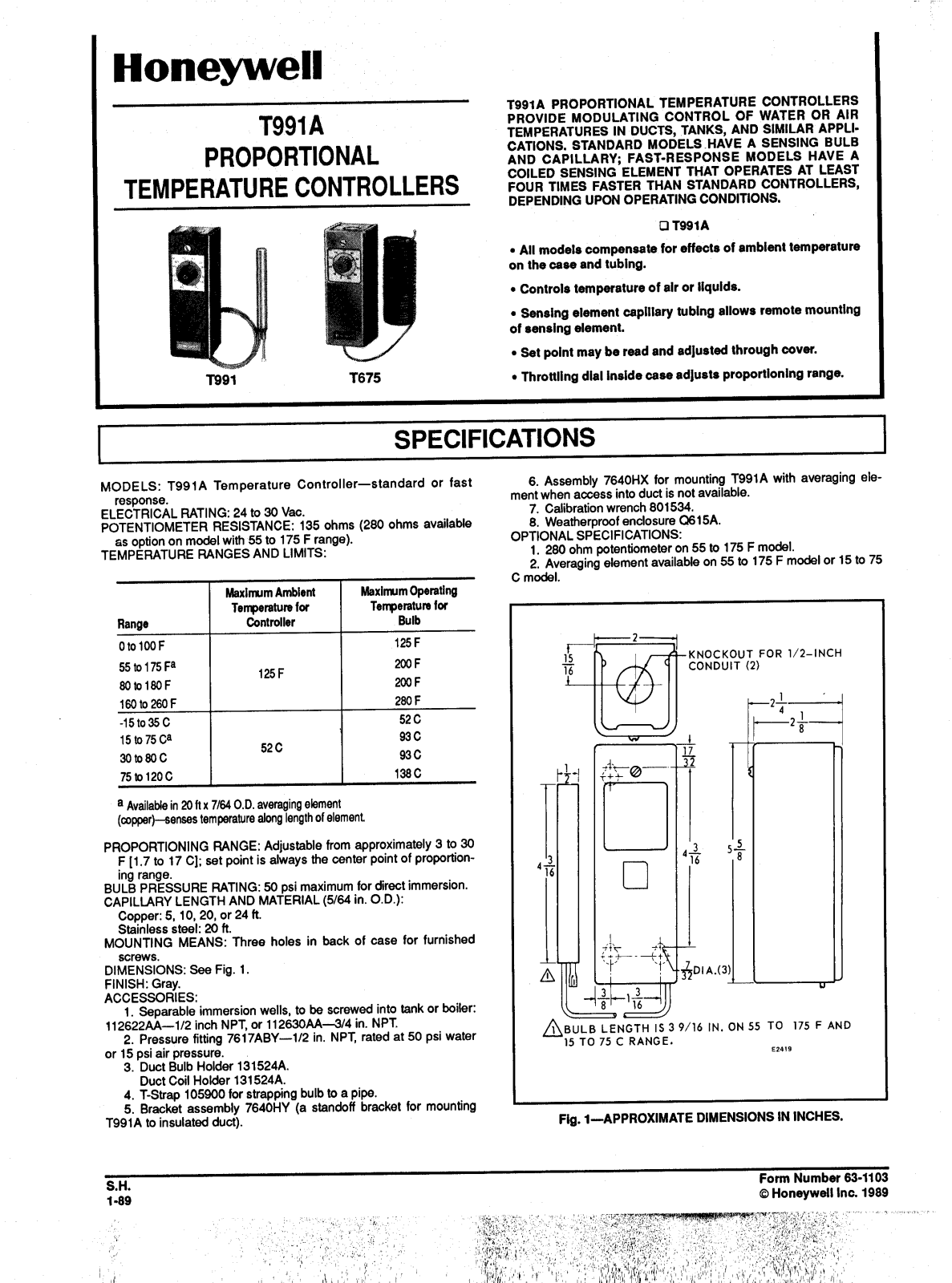 Honeywell T991A Specifications