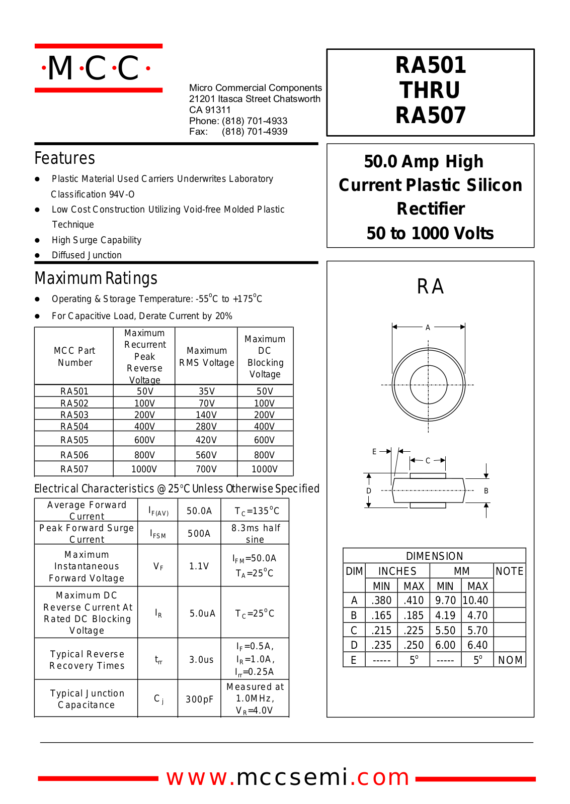 MCC RA501, RA502, RA503, RA504, RA505 Datasheet