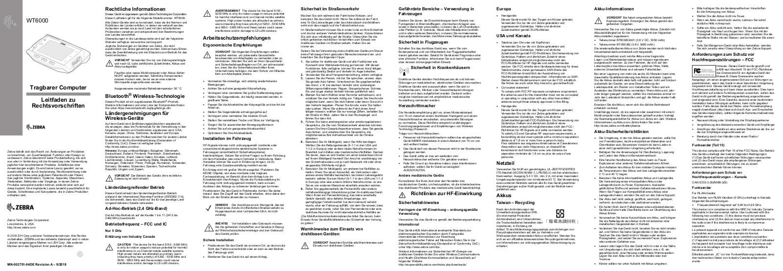 Zebra WT6000 Wearable Computer WT6000 Regualtory Guide (de)