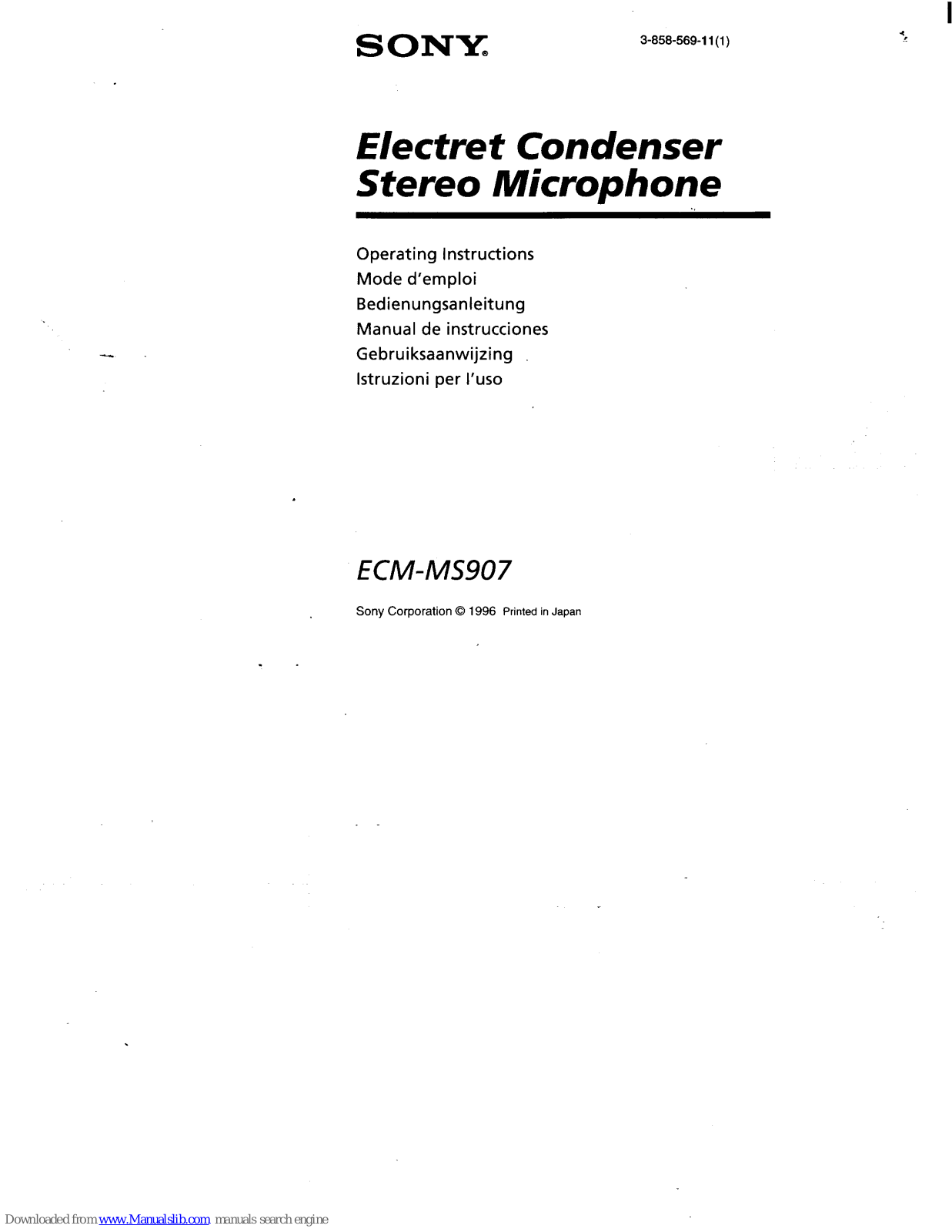 Sony ECMMS907 - Stereo Type Mic Operating Instructions Manual