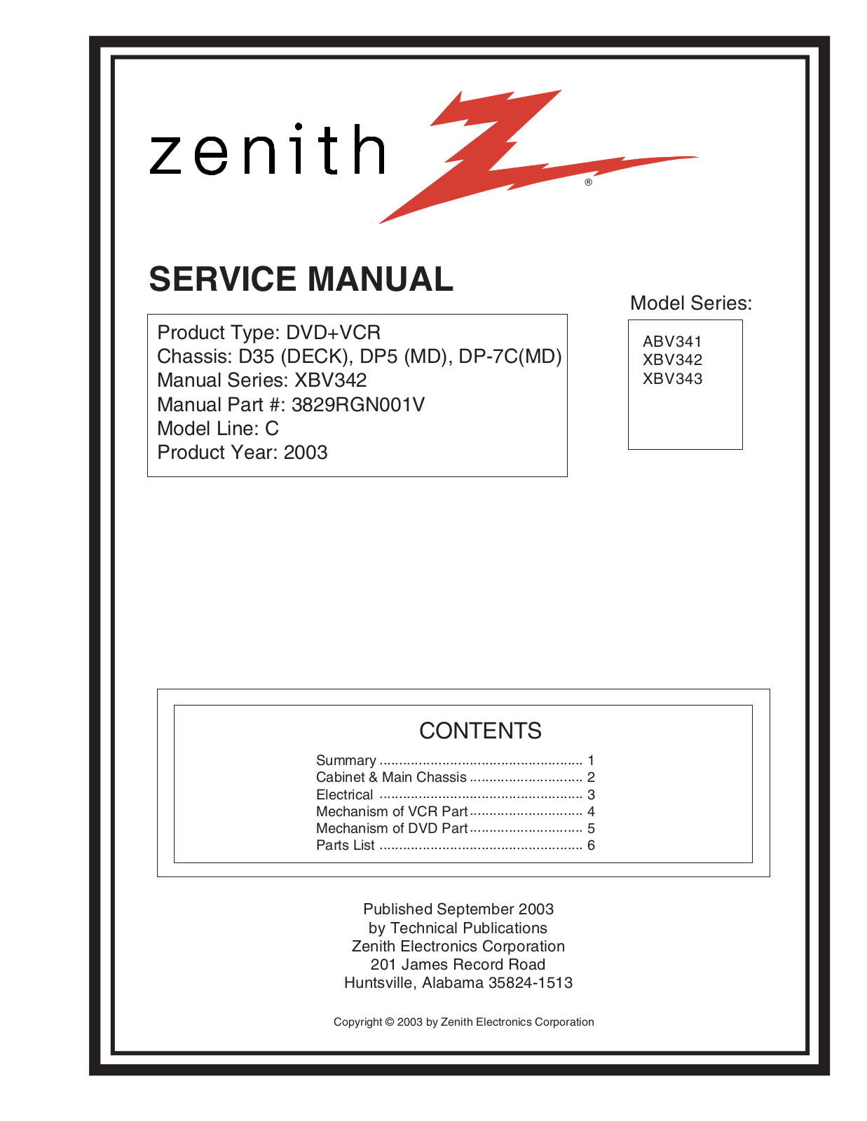 Zenith ABV-341, XBV-343, XBV-342 Service manual