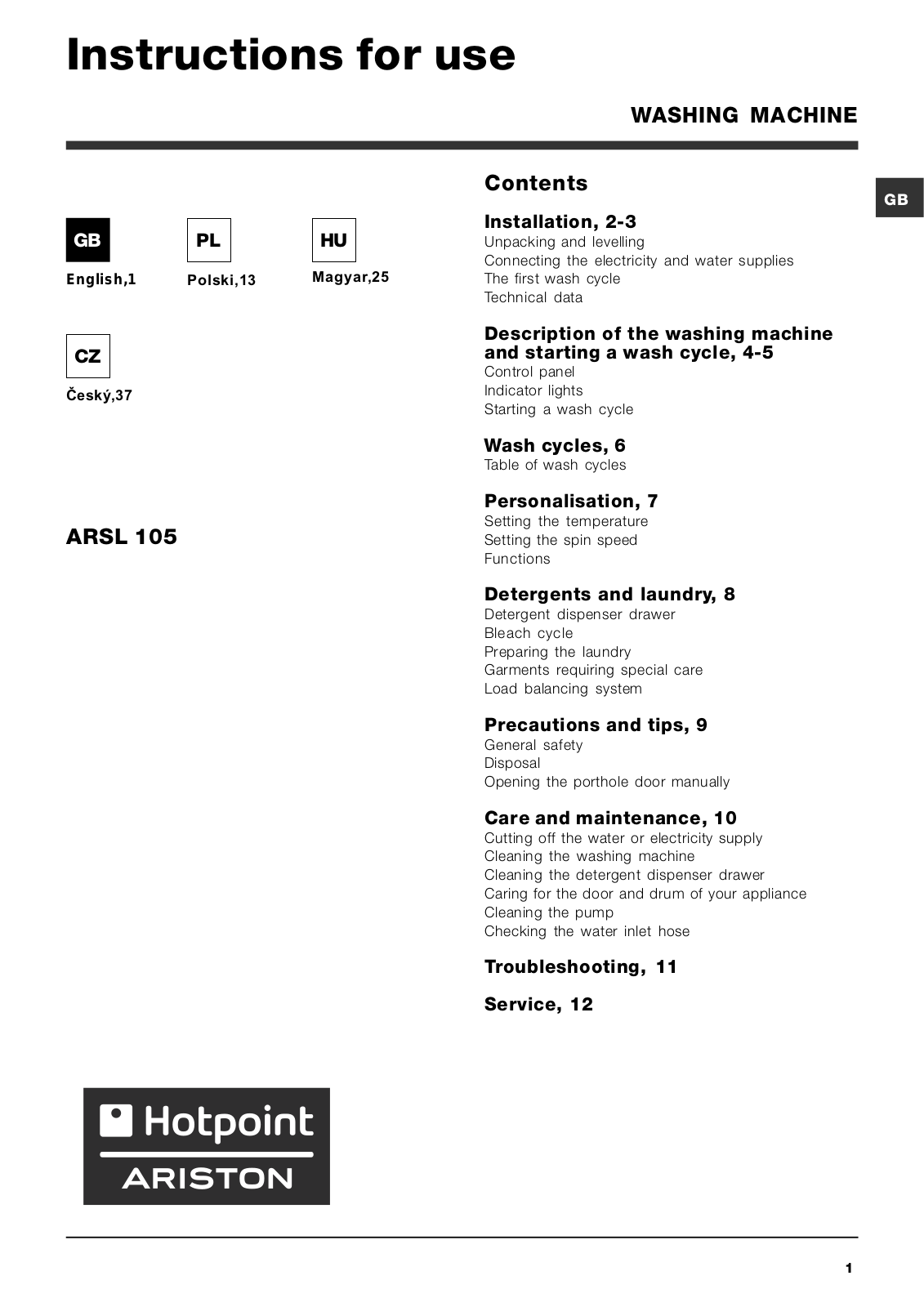 Hotpoint ARSL 105 User Manual