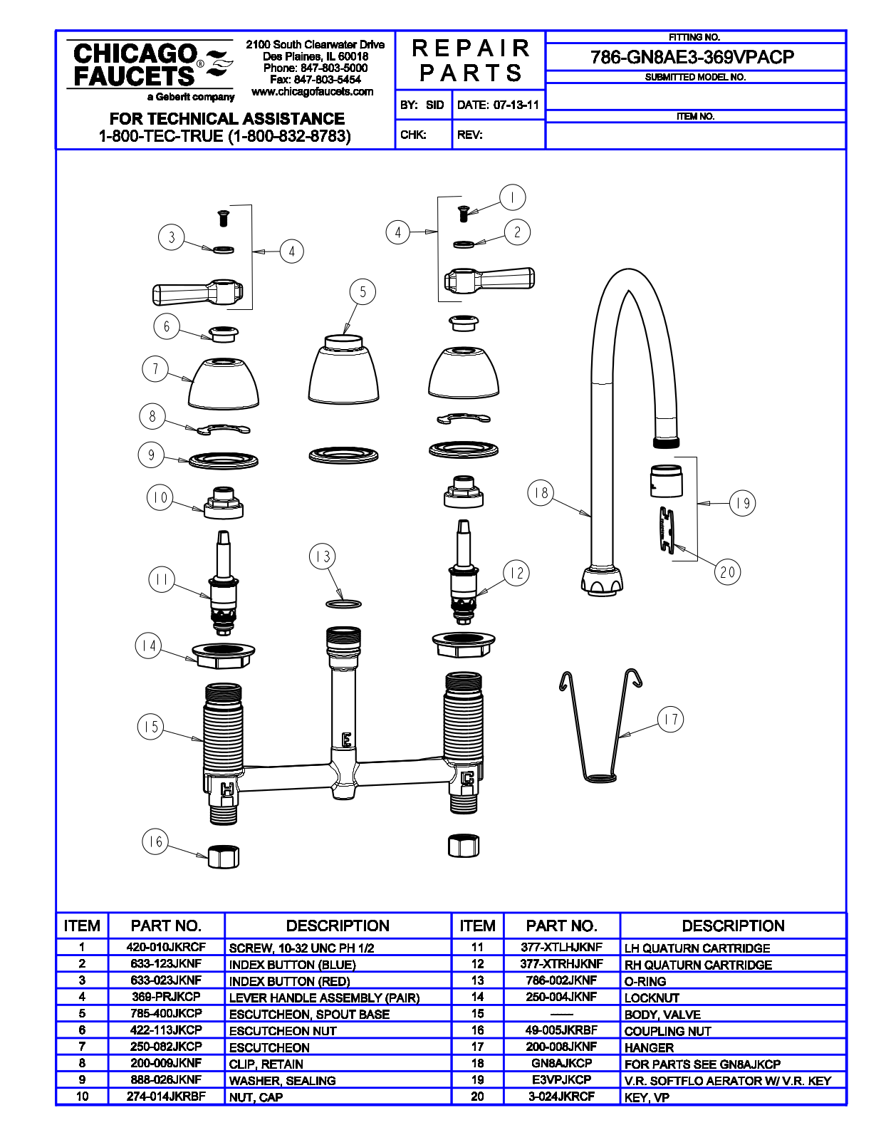 Chicago Faucet 786-GN8AE3-369VPA Parts List