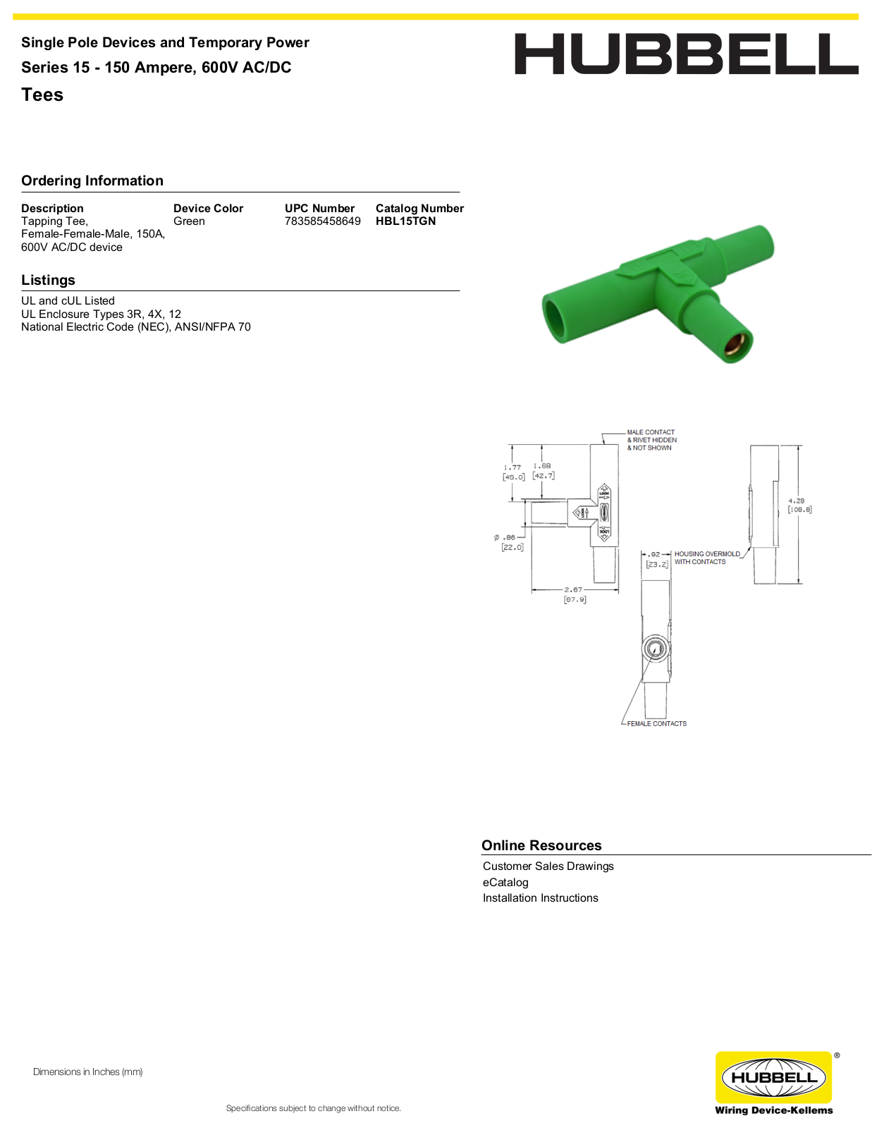 Hubbell HBL15TGN Specifications