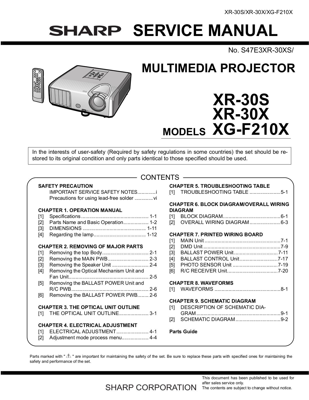 Sharp XR-30X, XR-30S, XG-F210X User Manual