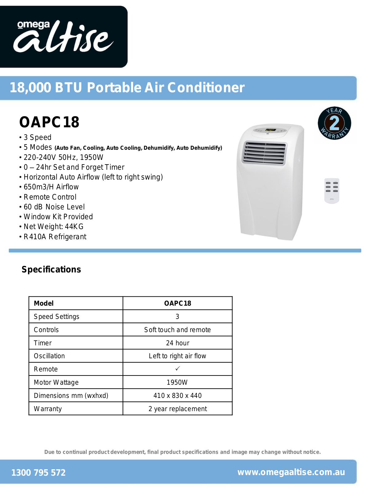 Omega Altise OAPC18, OAPC1615W Specifications Sheet