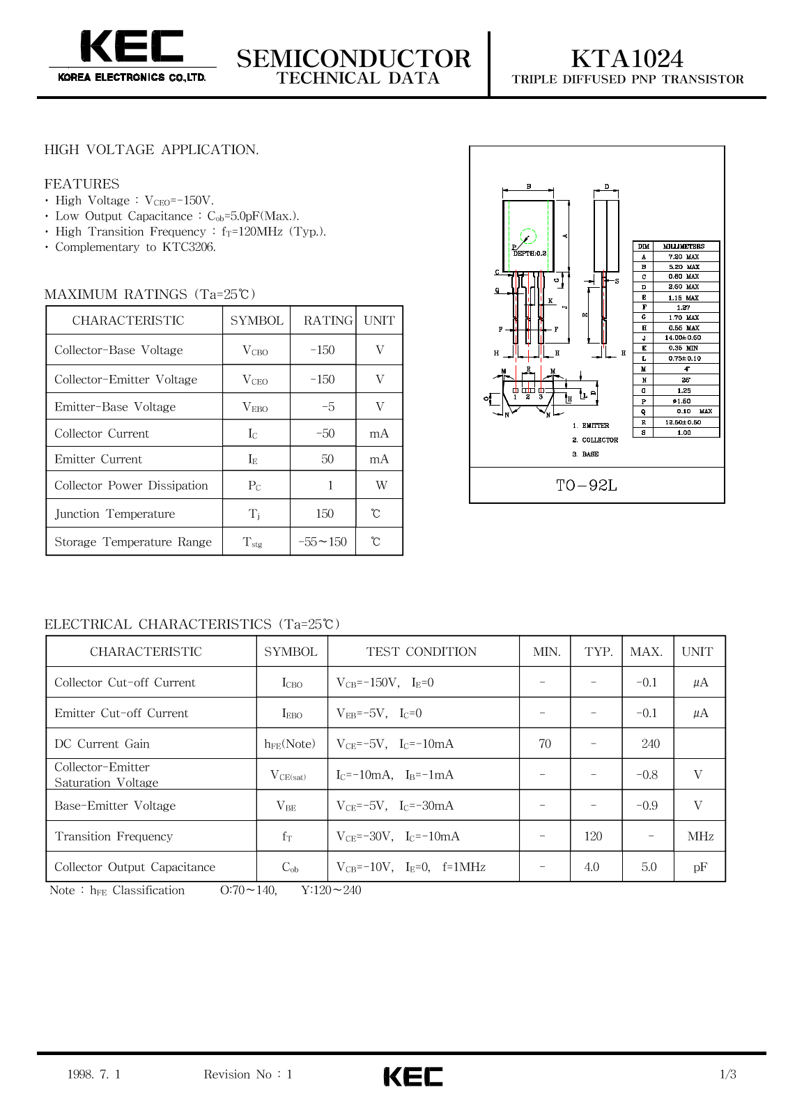 KEC KTA1024 Datasheet