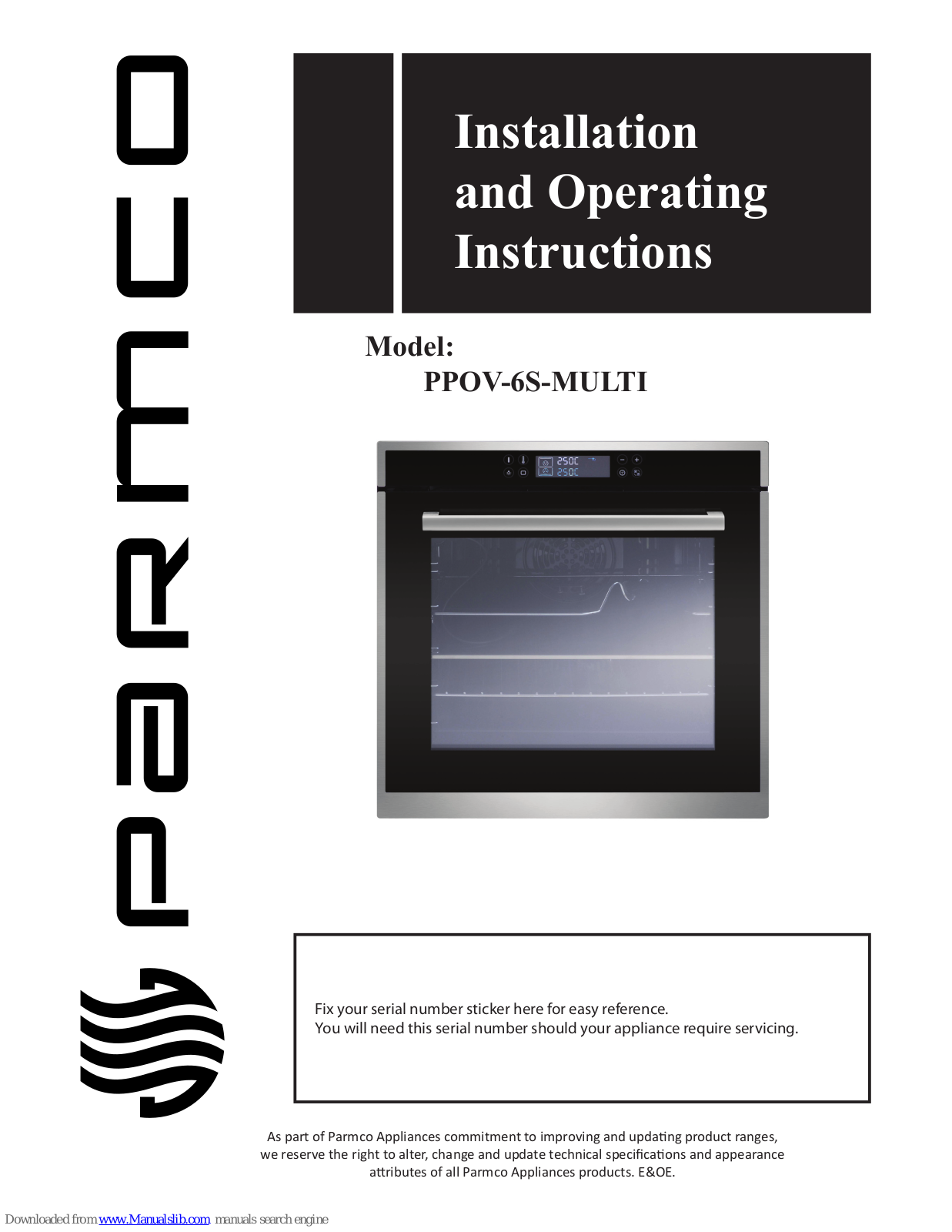 Parmco PPOV-6S-MULTI Installation And Operating Instructions Manual