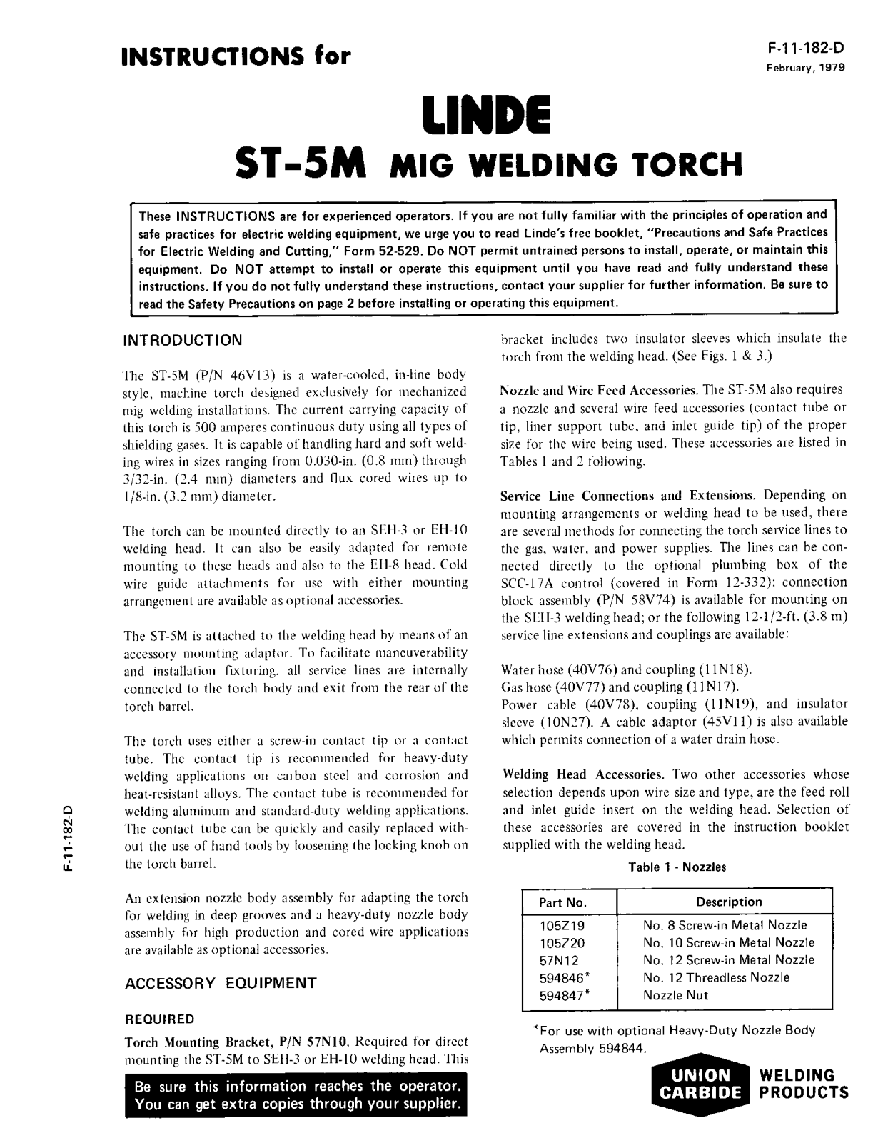 UNION CARBIDE Linde ST-5M Mig Welding Torch Troubleshooting instruction
