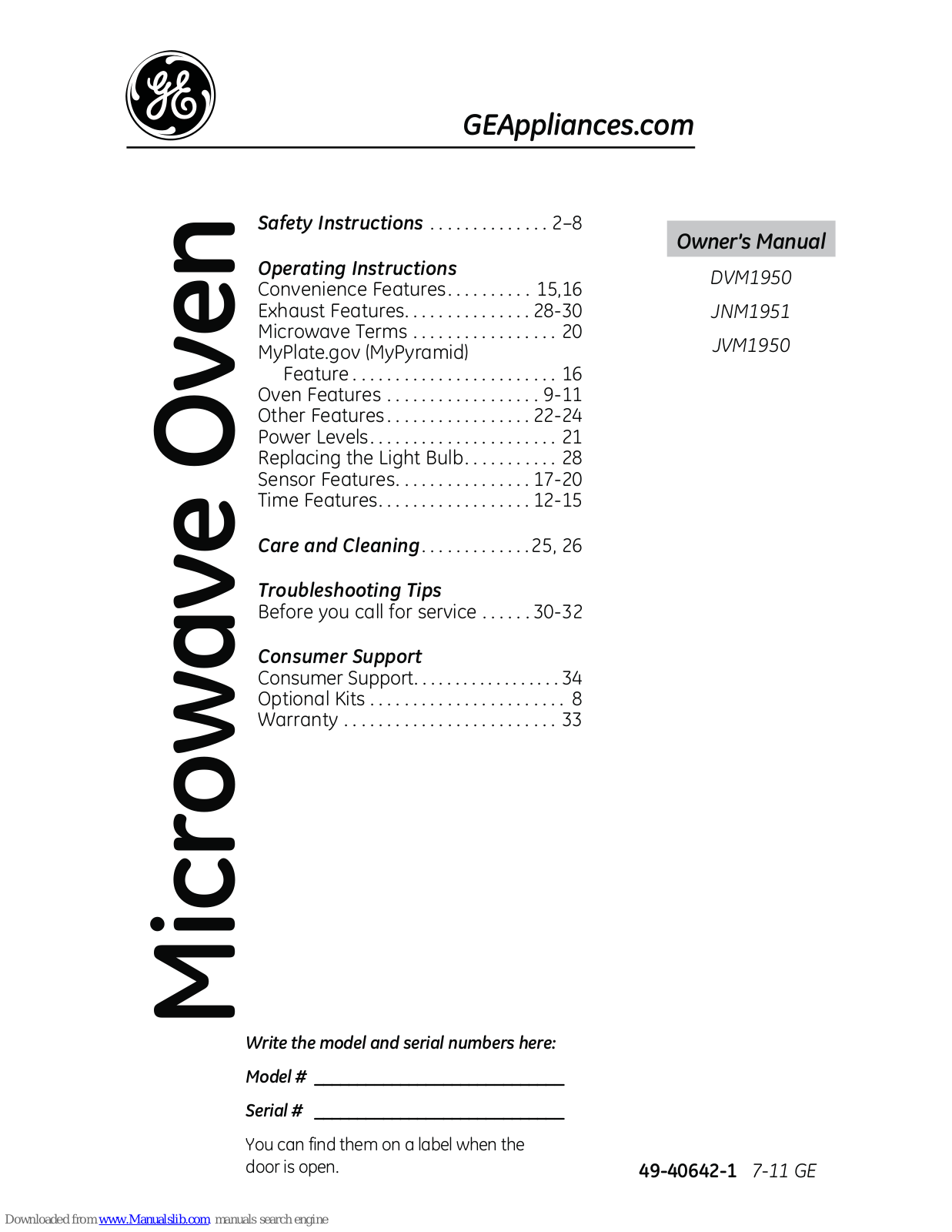 GE DVM1950SRSS, Spacemaker DVM1950DR, JNM1951SRSS, JVM1950SRSS, JVM1950 Owner's Manual