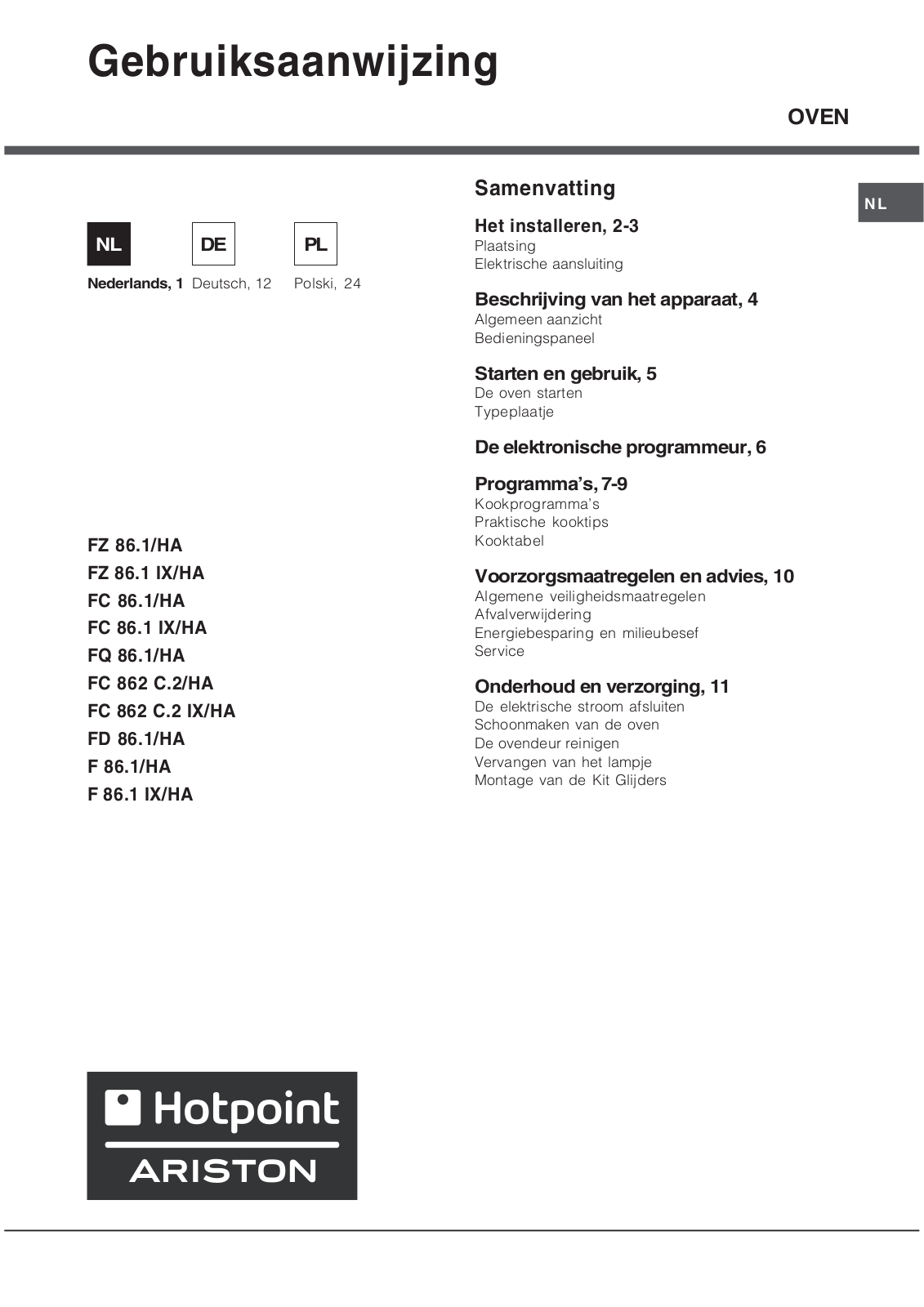 Hotpoint Ariston FD 86.1, F 86.1 IX/HA, FZ 86.1 IX/HA, FQ 86.1, FC 86.1 IX/HA Manual