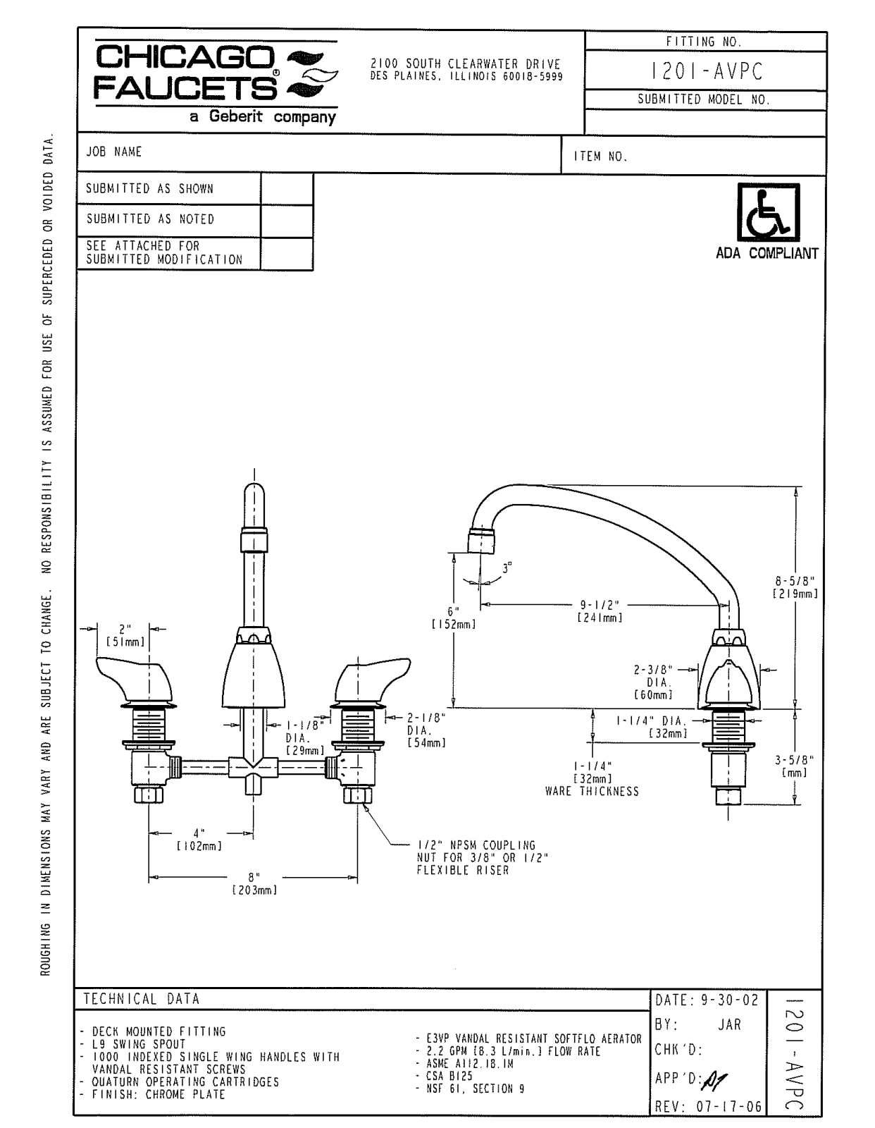 Chicago Faucet 1201-AVPC User Manual