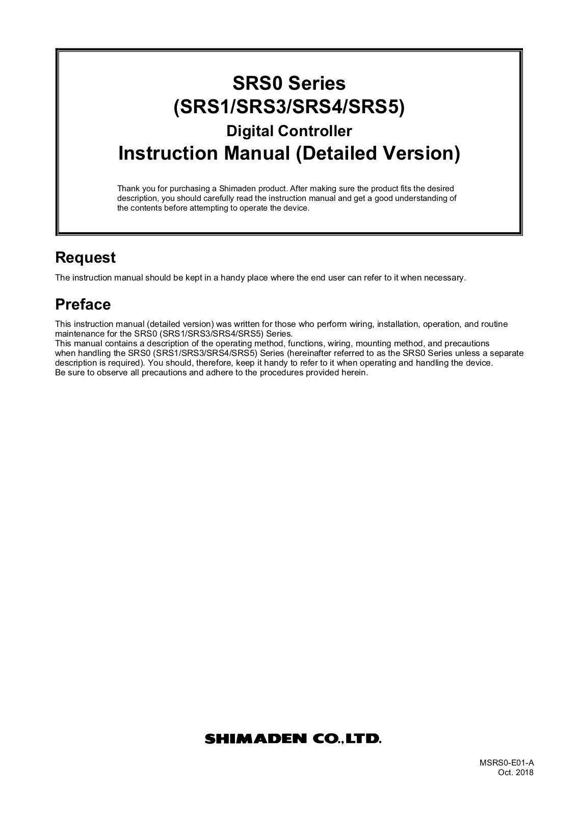 Shimaden SRS0 Series, SRS5, SRS1, SRS3, SRS4 Instruction Manual