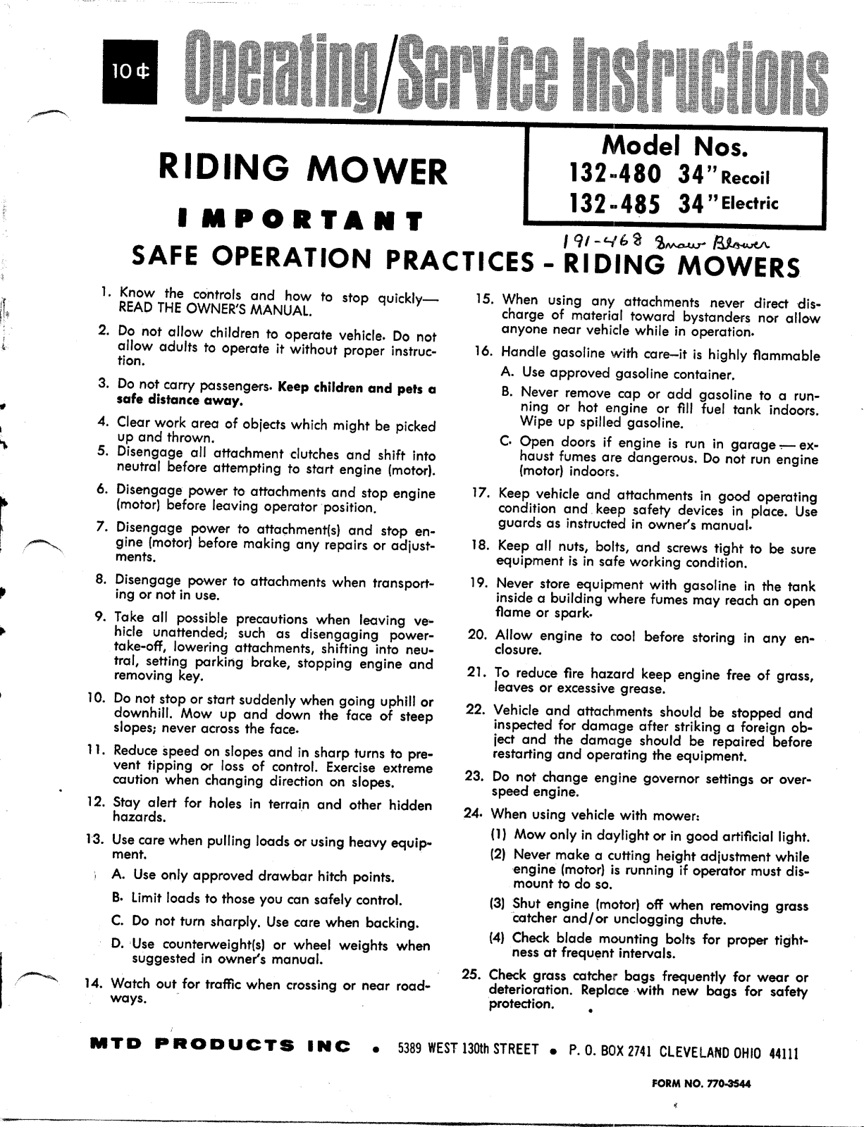 MTD 132-485, 132-480 User Manual