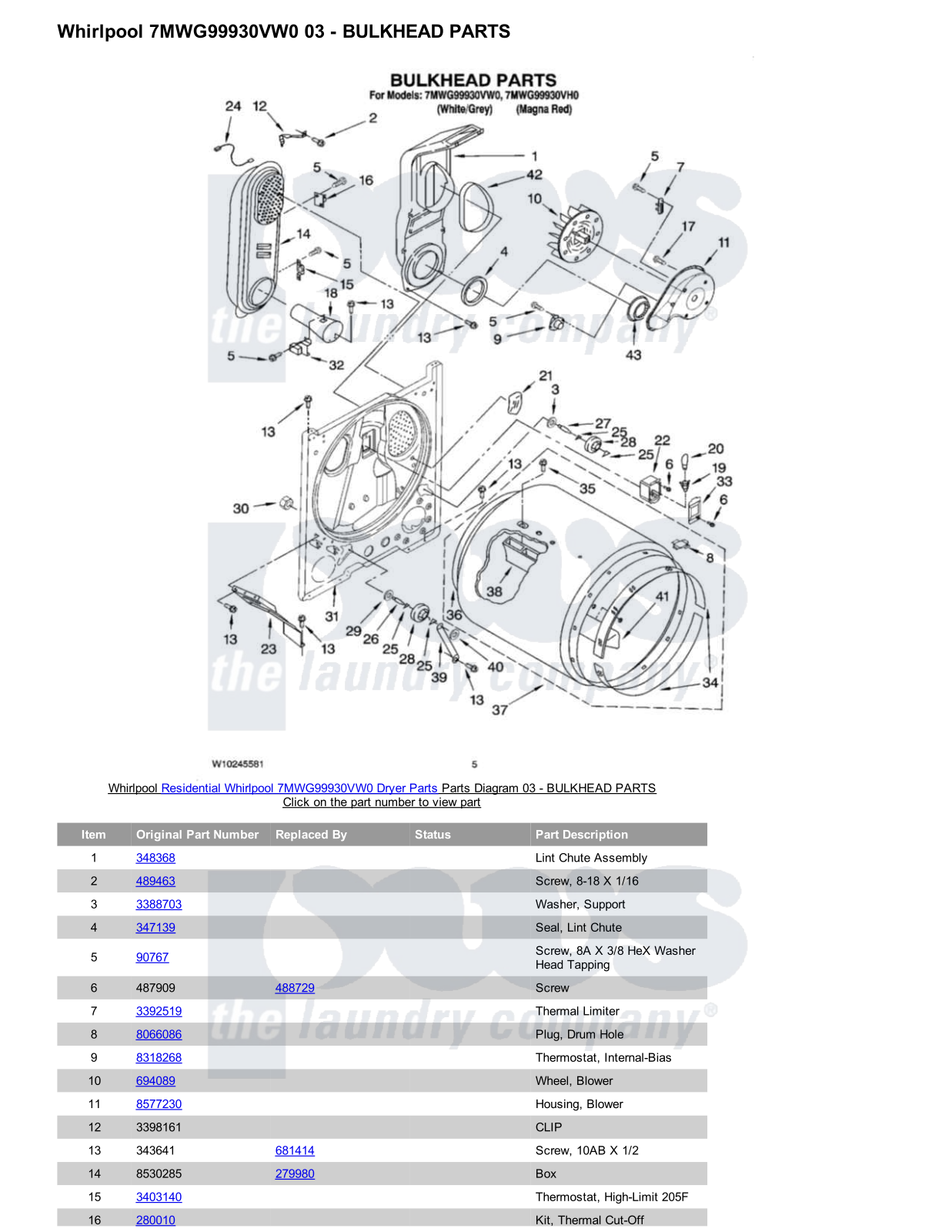 Whirlpool 7MWG99930VW0 Parts Diagram