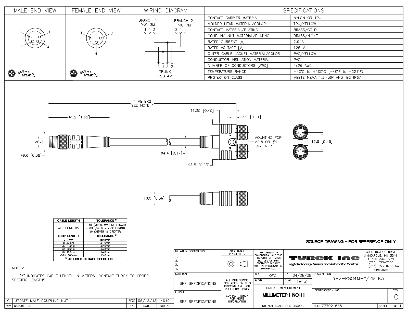 Turck YP2-PSG4M-0.5/2MFK3 Specification Sheet