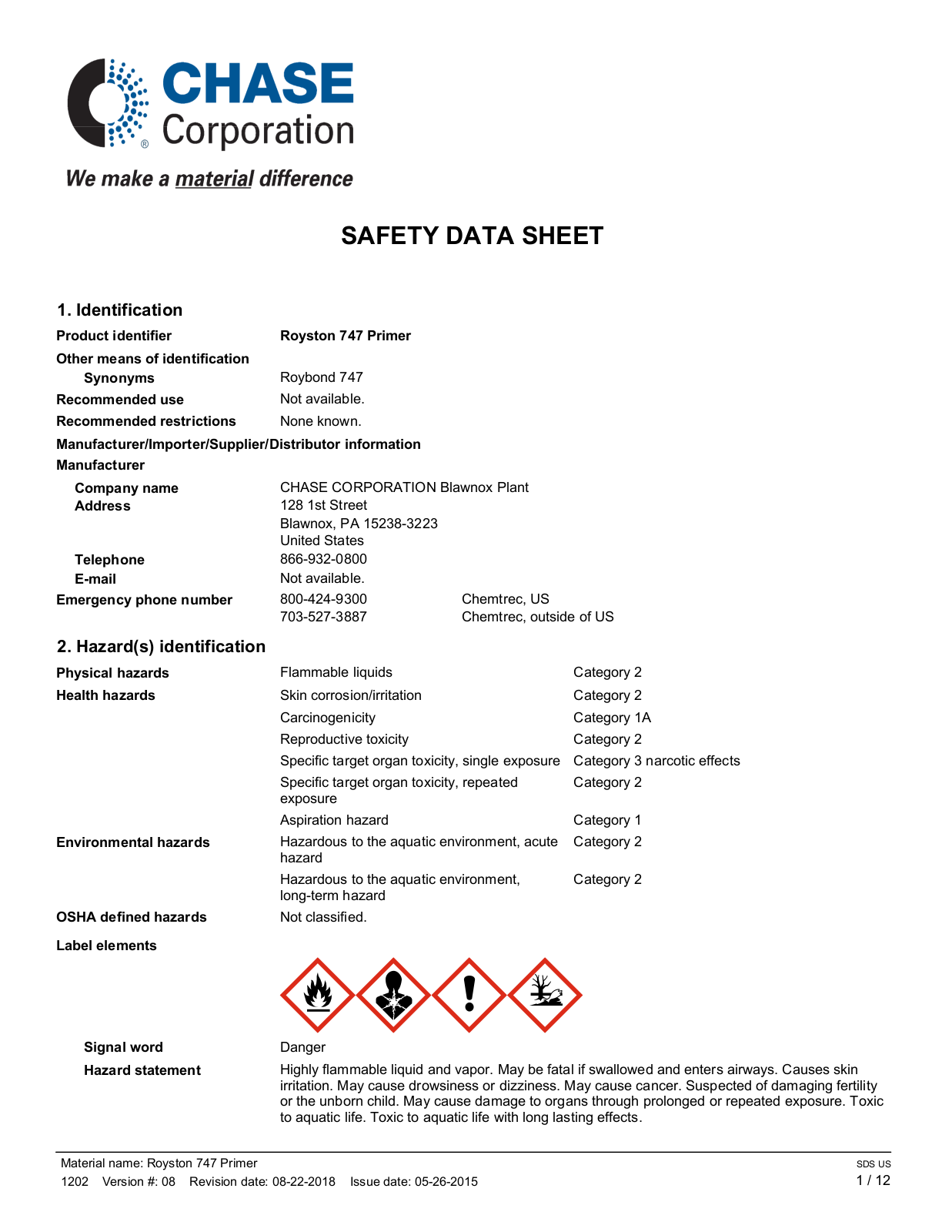 CHASE CORPORATION Royston 747 Primer SAFETY DATA SHEET