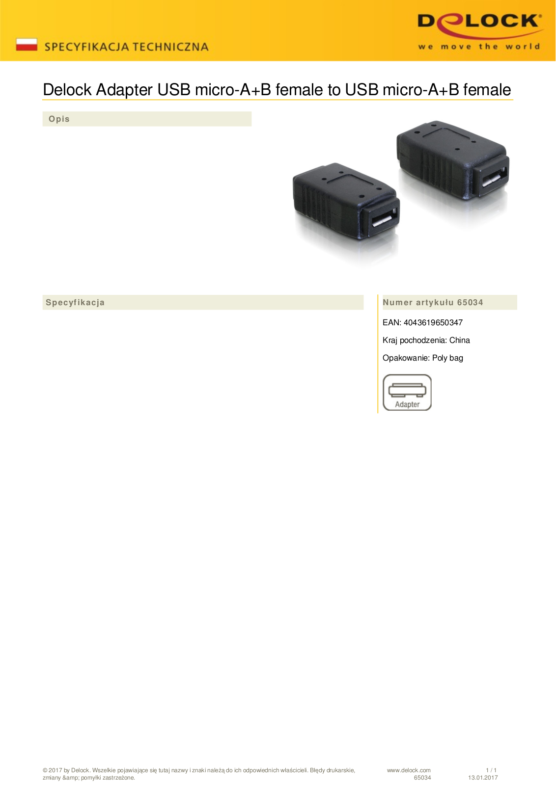 DeLOCK USB 2.0 adapter, micro-B  socket  on micro-B  socket User Manual