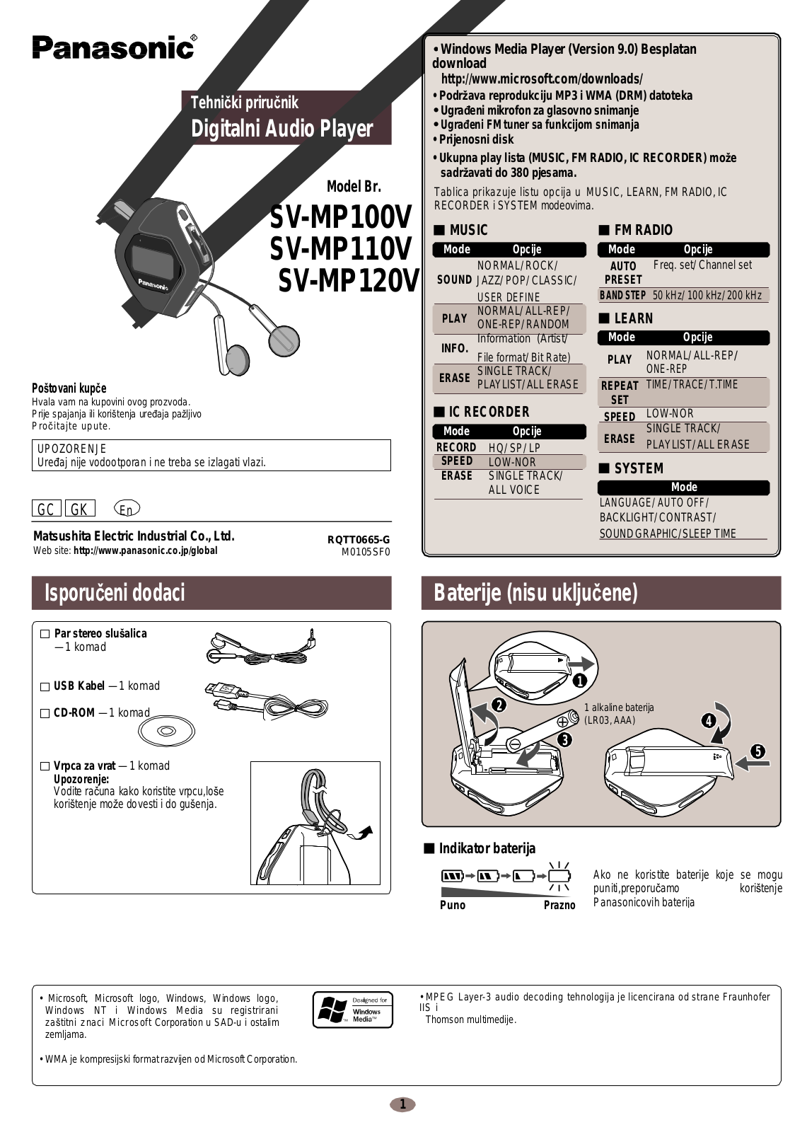 Panasonic SV-MP100V, SV-MP110V, SV-MP120V User Manual