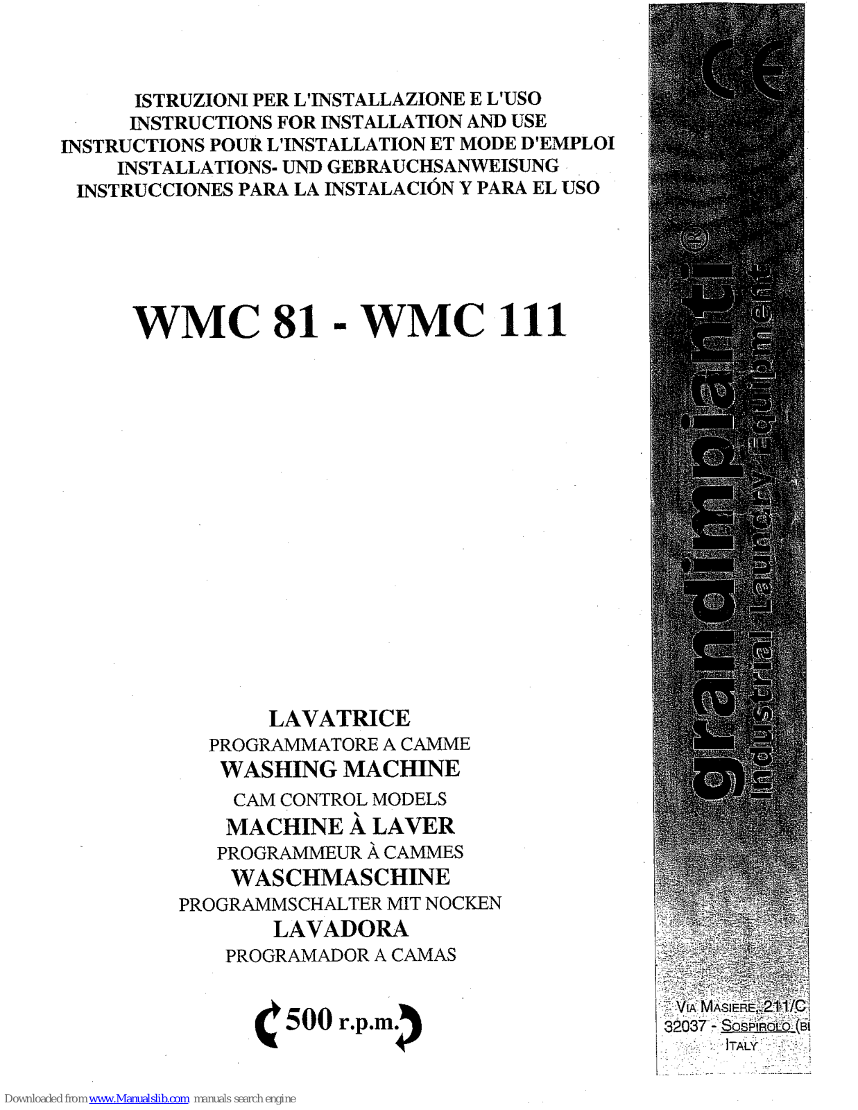 grandimpianti WMC 81, WMC 111 Instructions For Installation And Use Manual