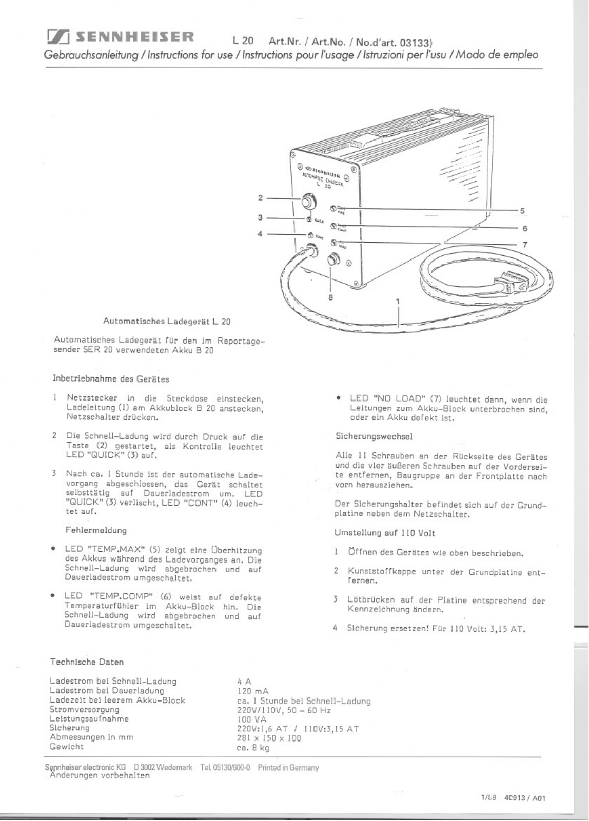 Sennheiser L 20 Instruction Manual