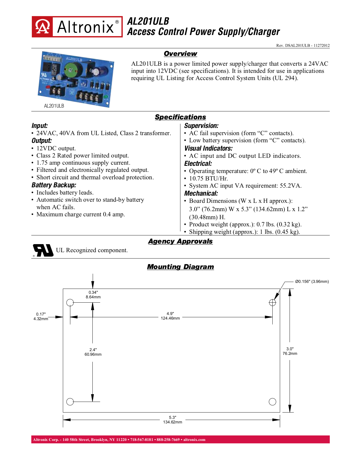 Altronix AL201ULB Specsheet