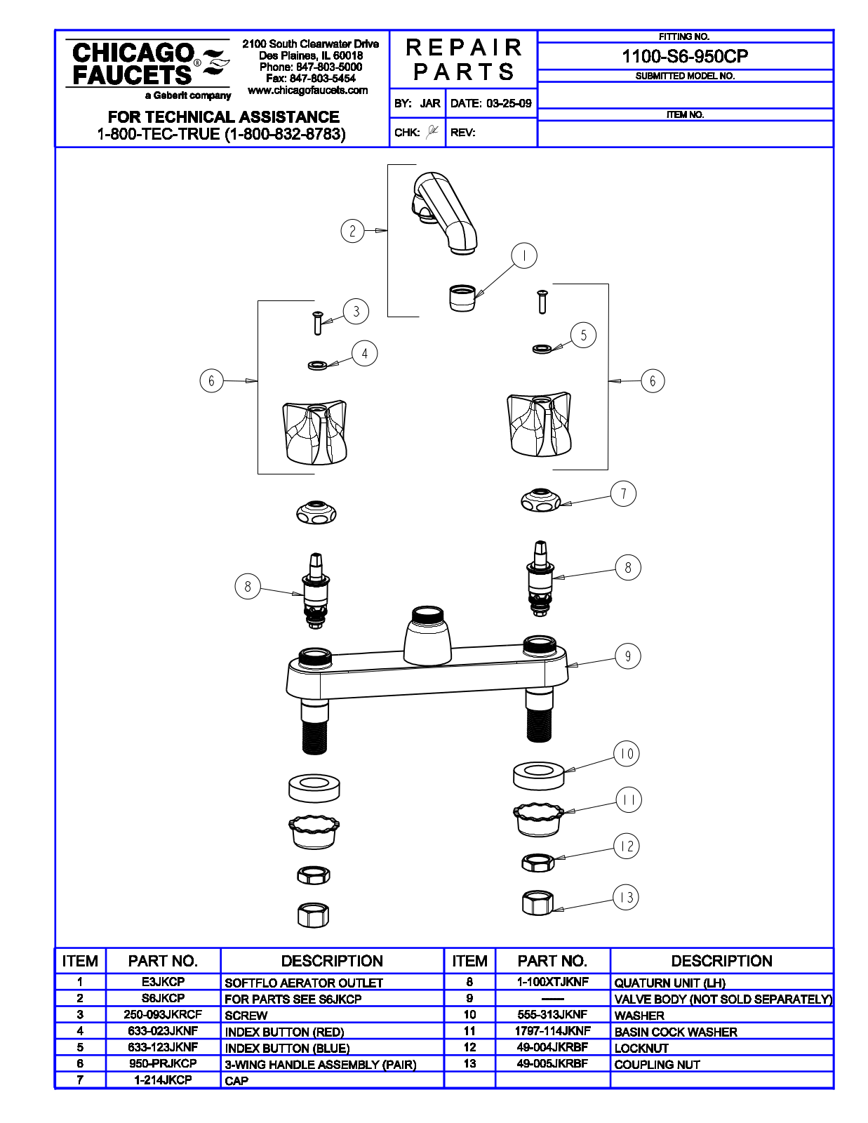 Chicago Faucet 1100-S6-950CP Parts List