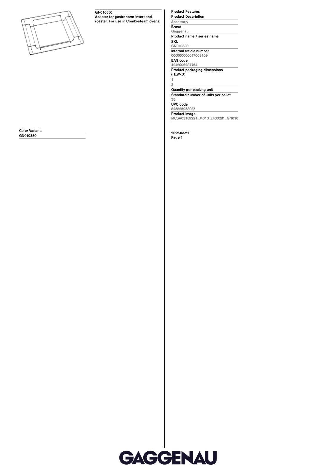 Gaggenau GN010330 Product specification sheet