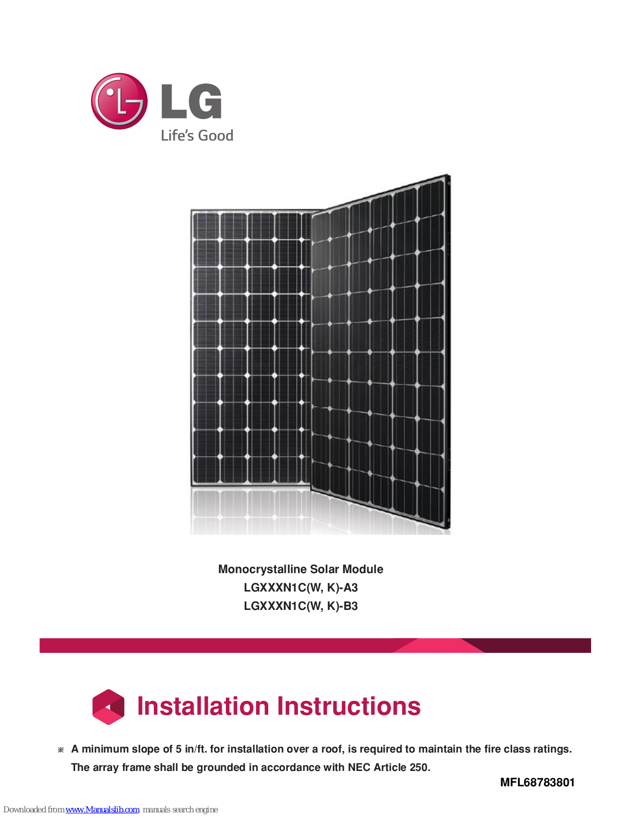 LG LG 270 N1C W-A3, LG 270 N1C W-B3, LG 275 N1C W-A3, LG 275 N1C W-B3, LG 280 N1C W-A3 Installation Instructions Manual