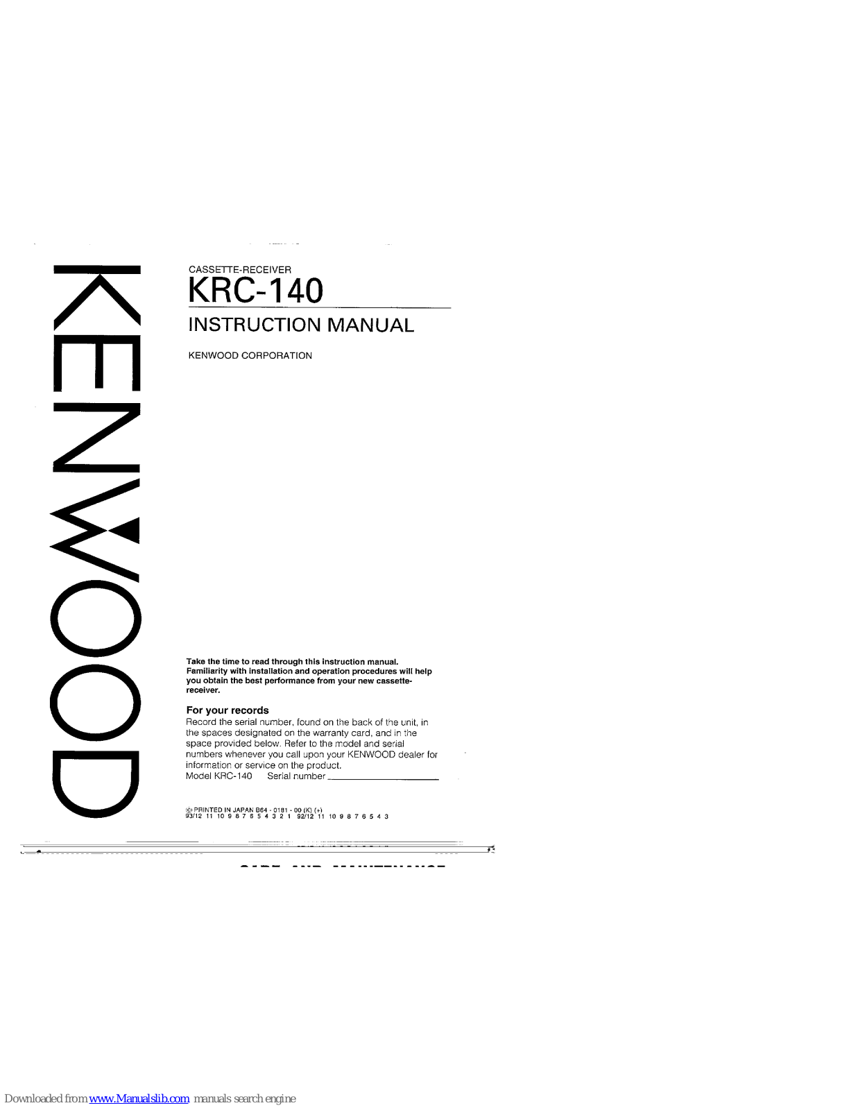 Kenwood KCR-140 Instruction Manual