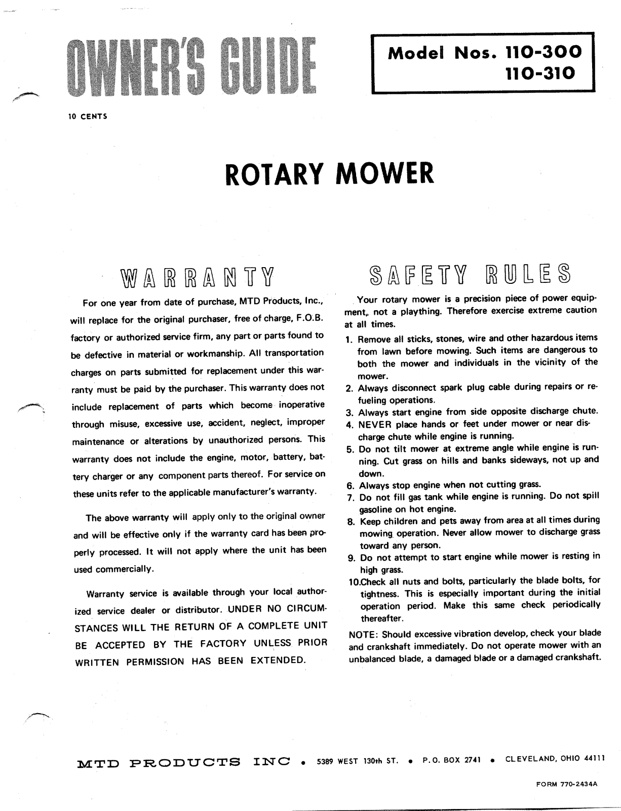 MTD 110-300, 110-310 User Manual