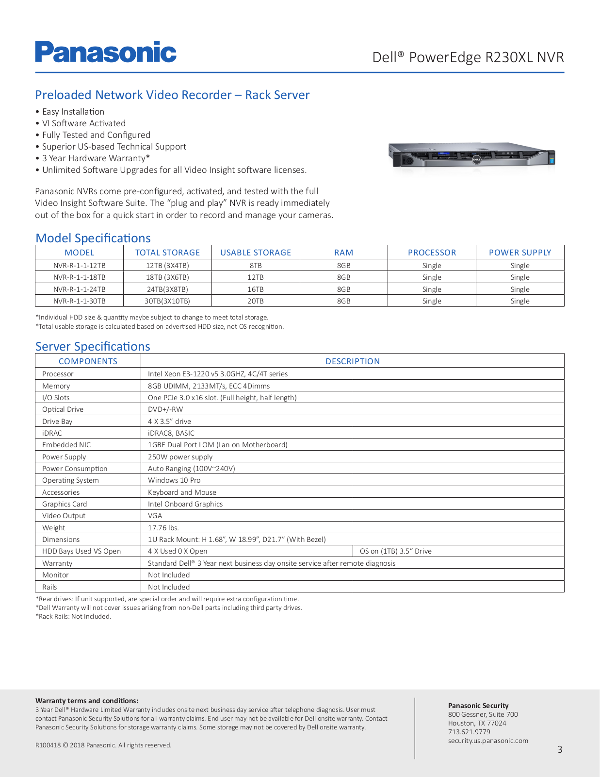 Panasonic NVR-R-1-1-30TB Specsheet