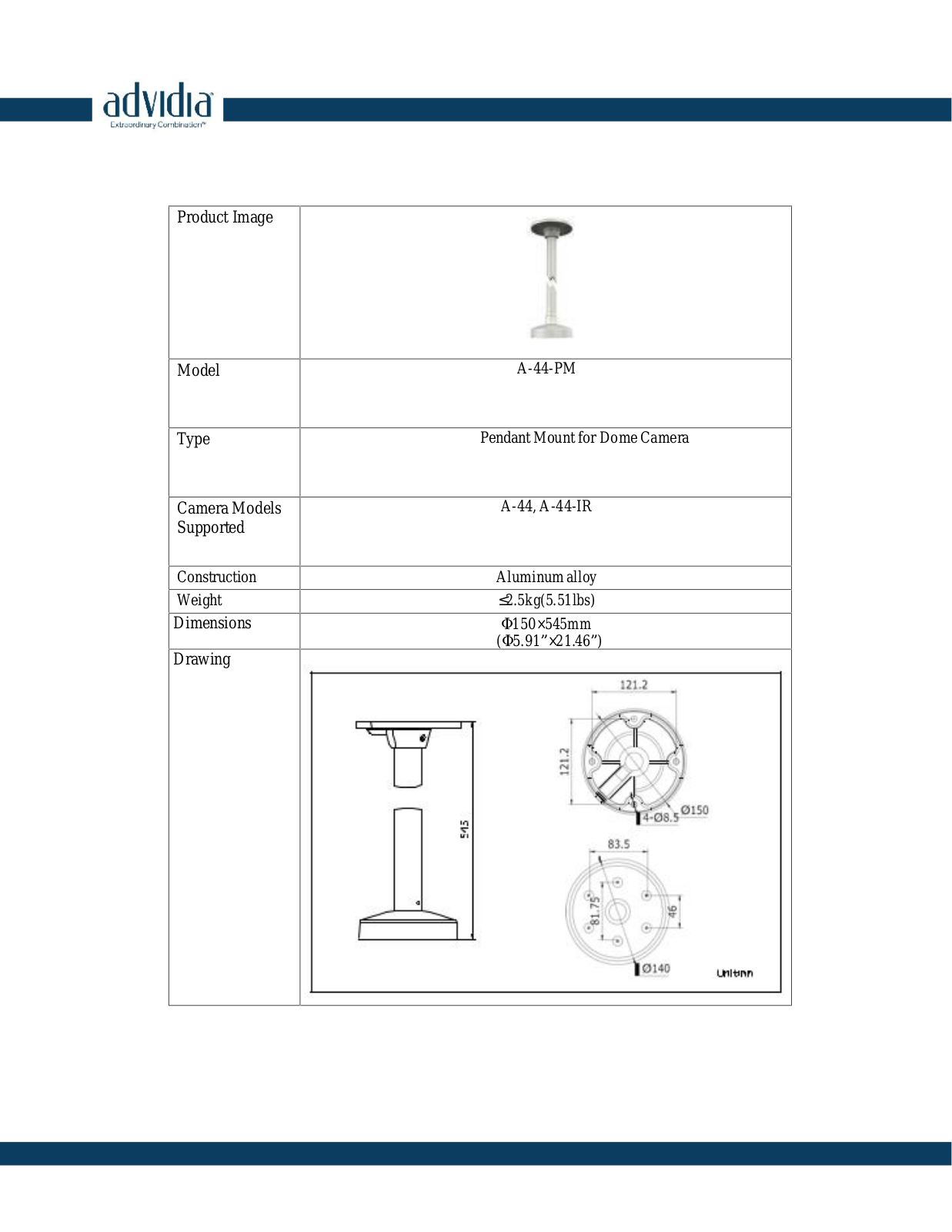 Panasonic A-44-Pendant Specsheet