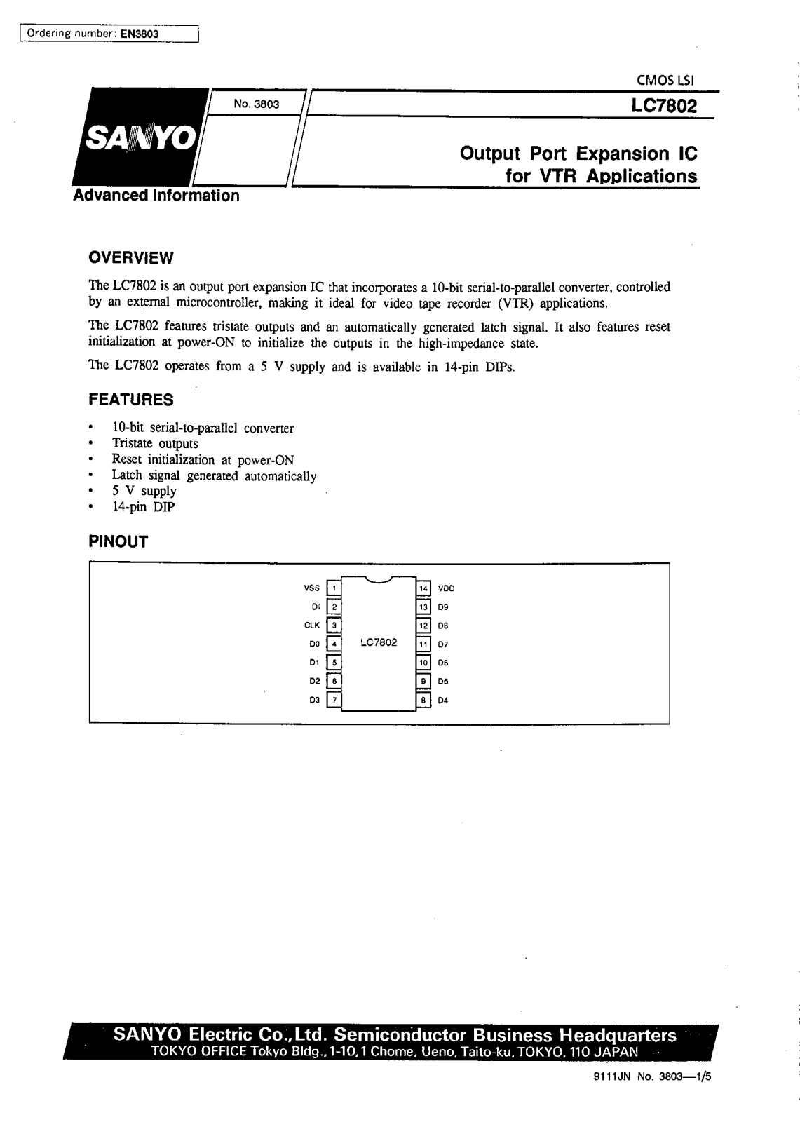 SANYO LC7802 Datasheet