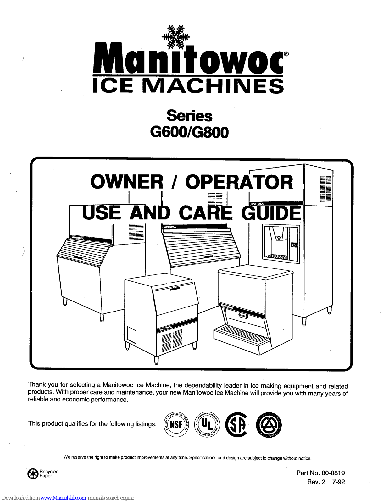 Manitowoc GY0604A, GR0600A, GD0602A, GR0800A, GD0802A Owner / Operator Use And Care Manual