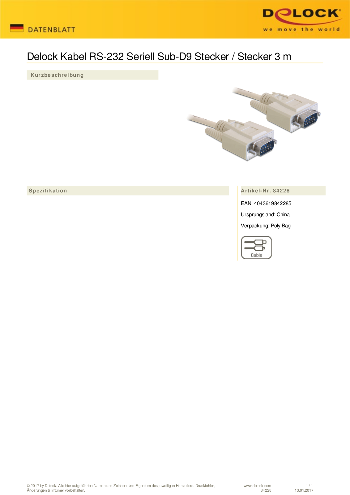 DeLOCK serial port  plug  on serial port  plug  3m User Manual