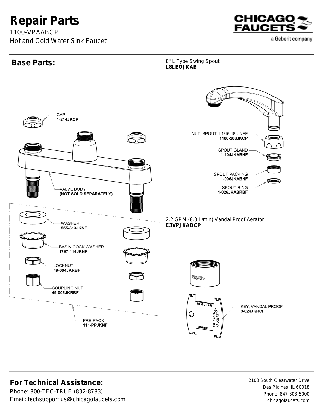 Chicago Faucet 1100-VPAABCP Parts List