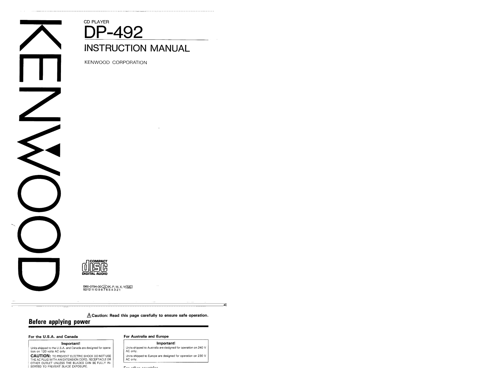 Kenwood DP-492 Owner's Manual