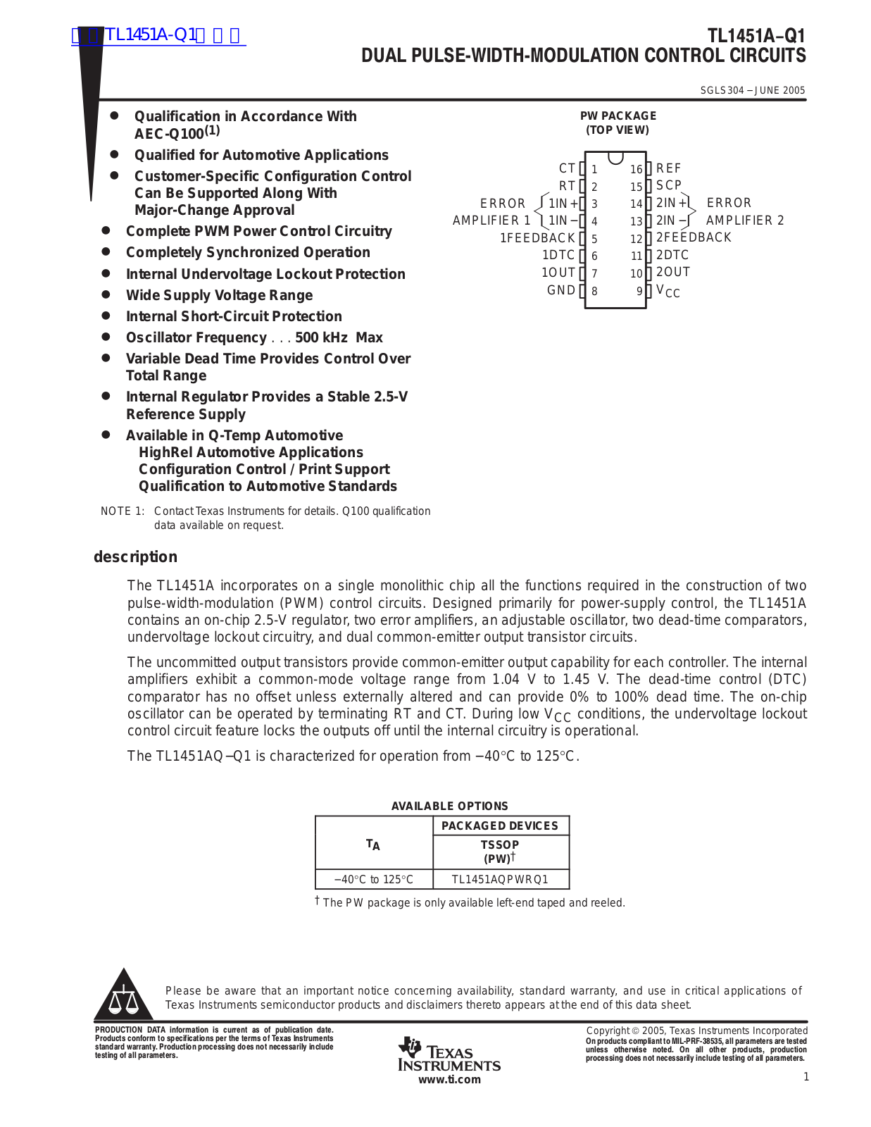 TEXAS INSTRUMENTS TL1451A-Q1 Technical data